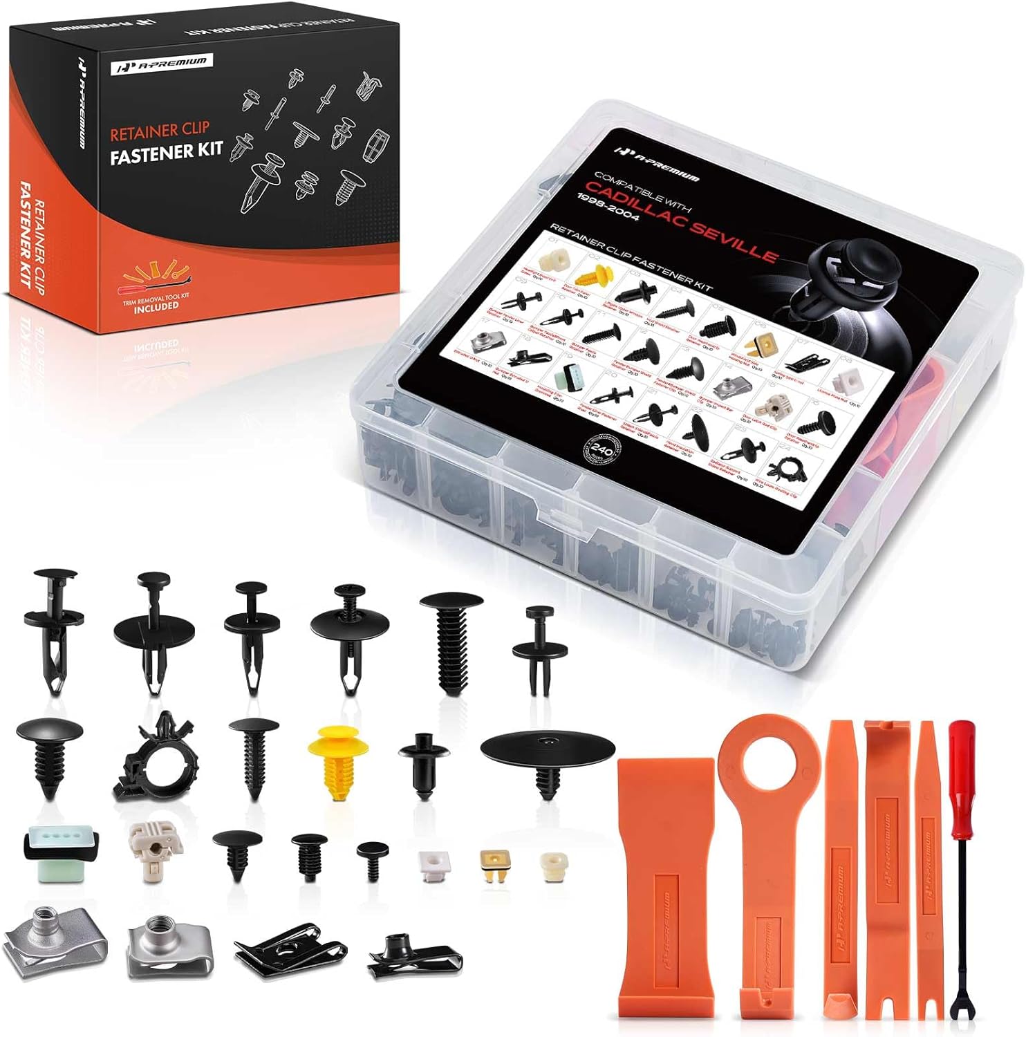 A-Premium 240 PCS 24 Sizes Car Retainer Clips Kit Compatible with Cadillac Seville 1998-2004 Bumper Fender Door Weatherstrip Auto Push Pin Plastic Rivet Fastener Replacement Set, w/Removal Tool