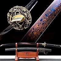 Vista 11 de Espada japonesa de samurái Katana auténtica hecha a mano de acero al carbono 1095 de alta calidad, espada de dragón real y afilada, Katana