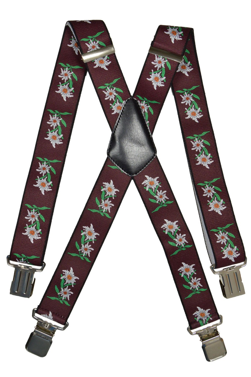 Olata Men's Burgundy Heavy Duty X-Shape Braces/Suspenders With Edelweiss Pattern, 4Cm