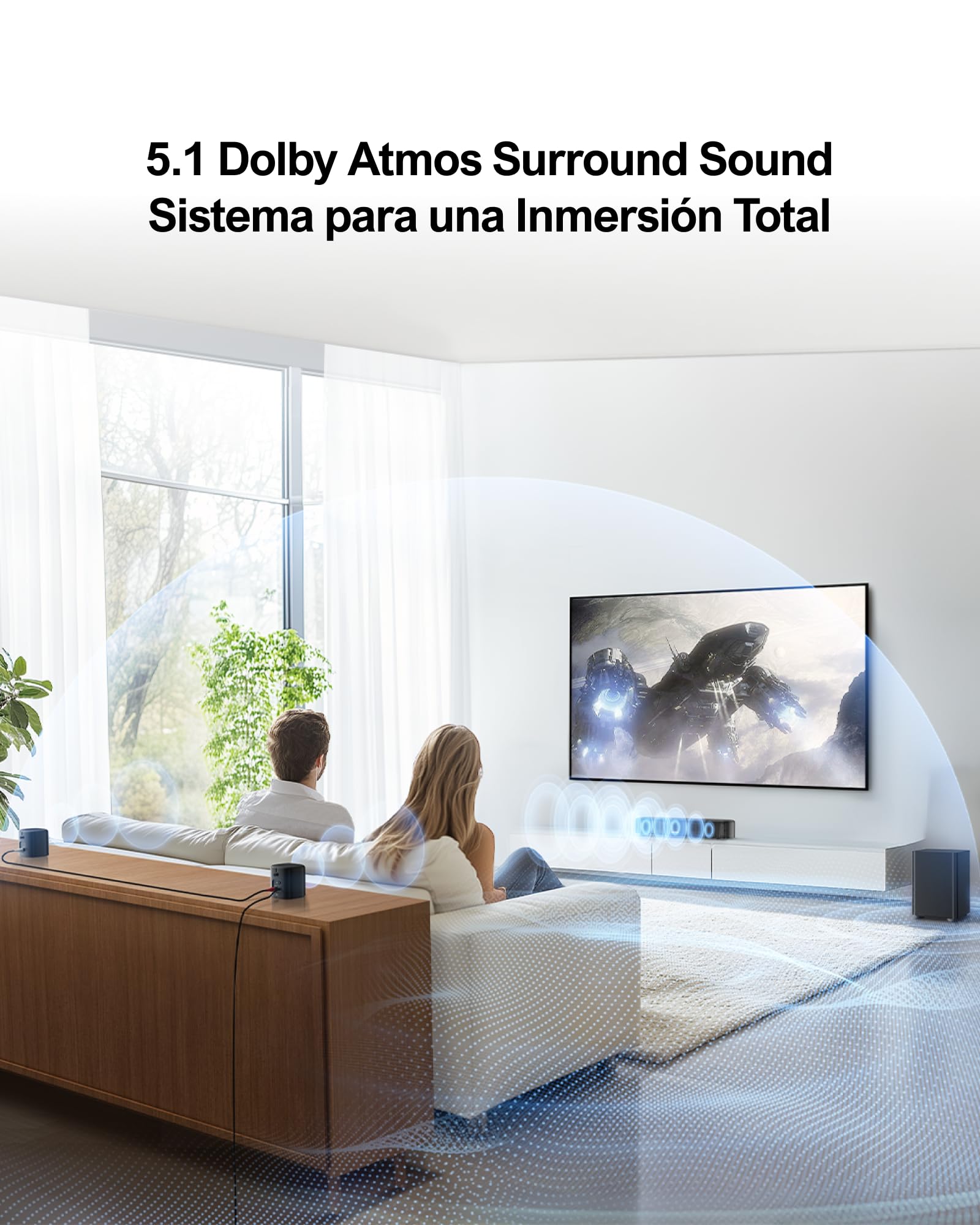 ULTIMEA Barra de Sonido 5.1 con Dolby Atmos, Sistema de Sonido Surround, Sistema de Sonido de Cine en Casa, Barra de Sonido TV con Subwoofer, 2 Altavoces Surround, HDMI eARC/ÓPT/AUX, Aura A50 Pro