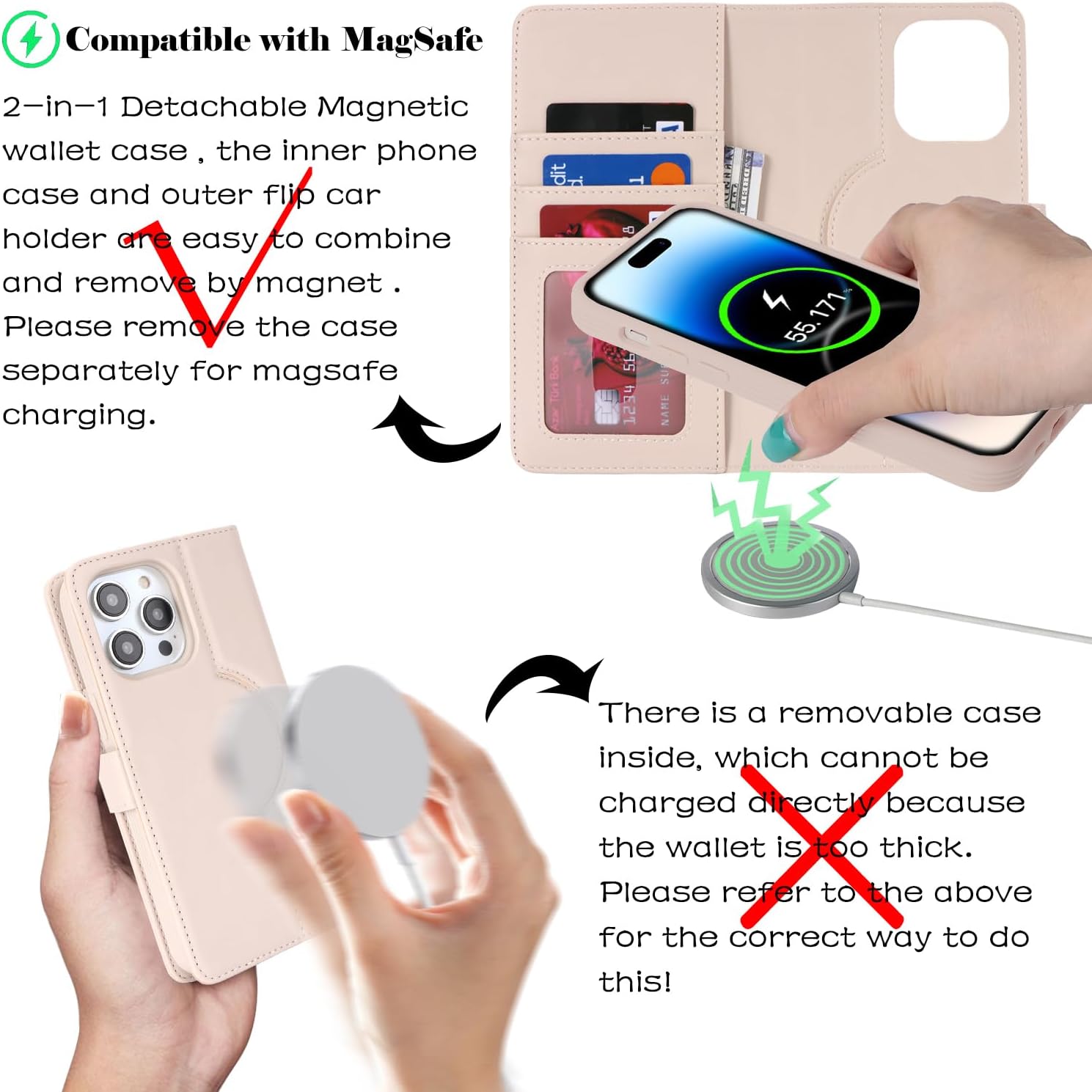 Ｈａｖａｙａ for iPhone 14 Pro Max Case Wallet Magsafe Compatible 2 in 1 Detachable with Card Holder Pu Leather Flip Folio Credit Card Slots Stand Magnetic Shockproof Phone Cover (6.7")-Off White