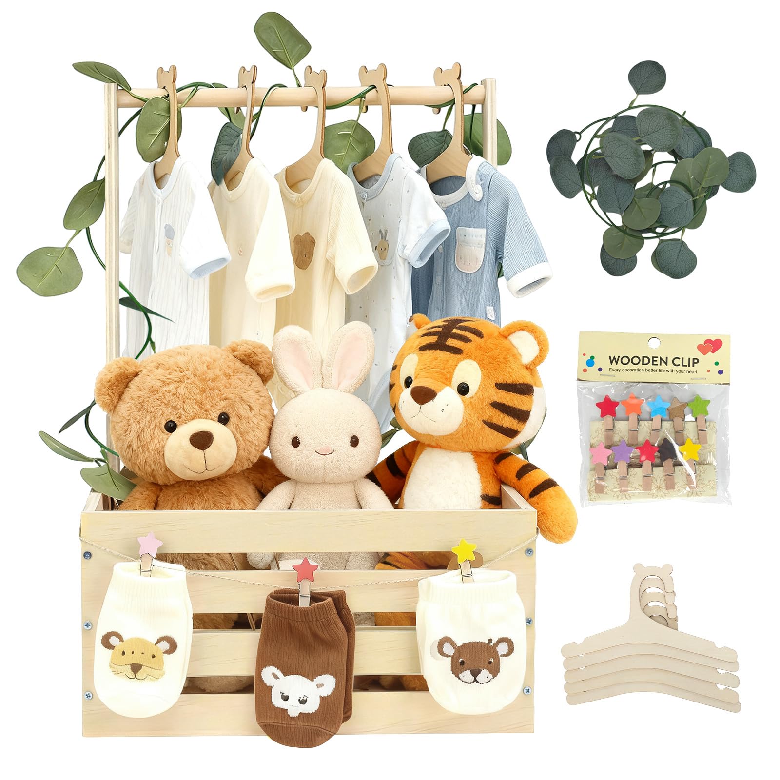 Simabsie Babyshower-Kiste aus Holz mit Kleiderbügeln, Mond und Sternen – Personalisierte Geschenkbox für werdende Eltern