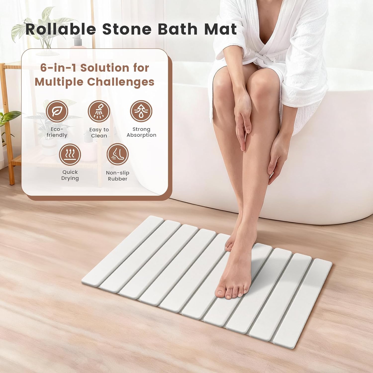 Super Anti-Slip Strong Absorbent Diatomite Pad, Stone Bath Mat 23.6 x 15.5 inches Quick-Dry Pad, Foldable and Easy to Store Bathroom Stone Bath Mat, Suitable for Bathroom, Easy to Clean (White)