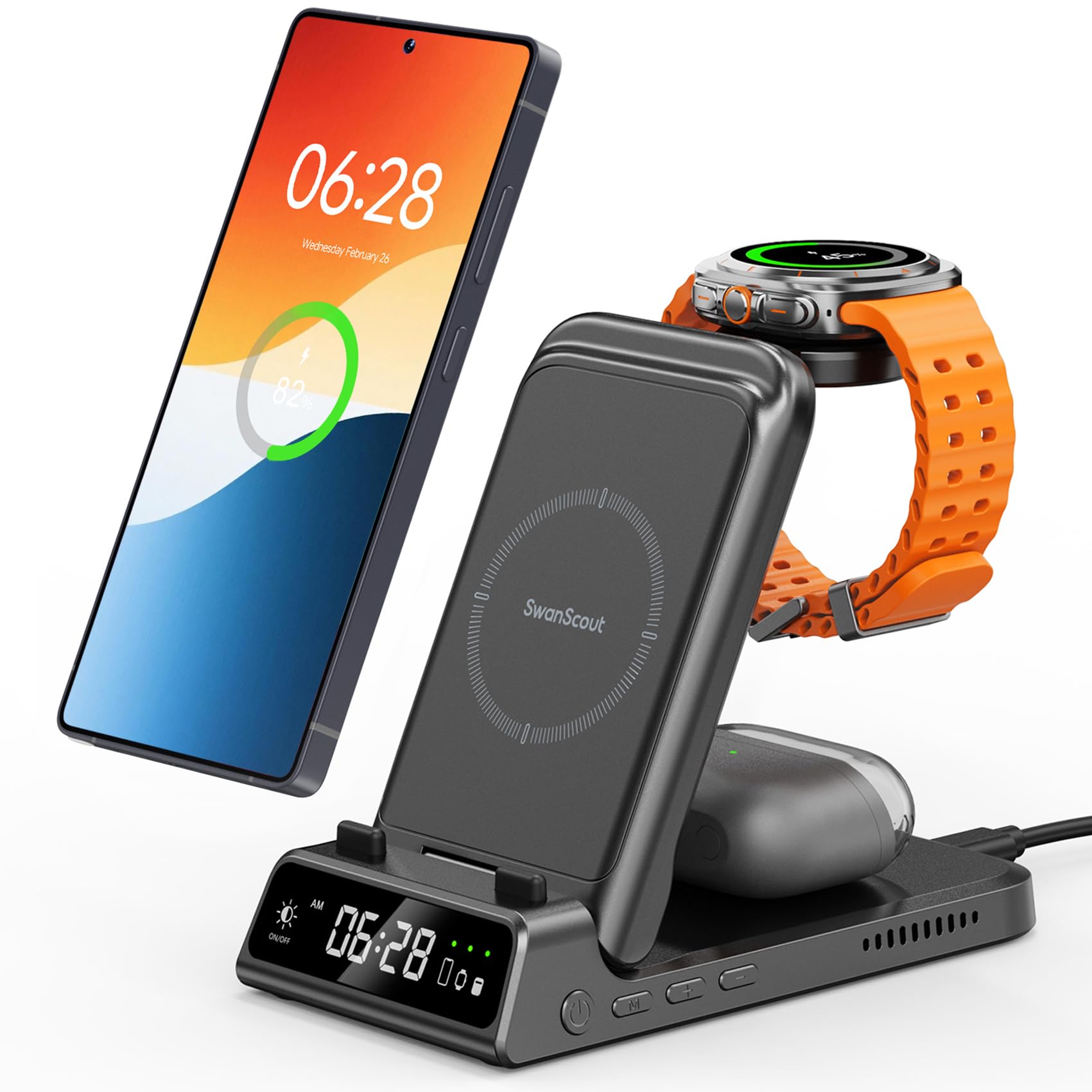 Charging Station for Samsung S25/Watch 8/8 Classic, 3 in 1 Wireless Charger for Samsung S25 Ultra/S25+/S24/S23/Fold 6, Galaxy Watch Ultra 2025/7/6/5/4/3, Galaxy Buds, SwanScout 703S (No Adapter)