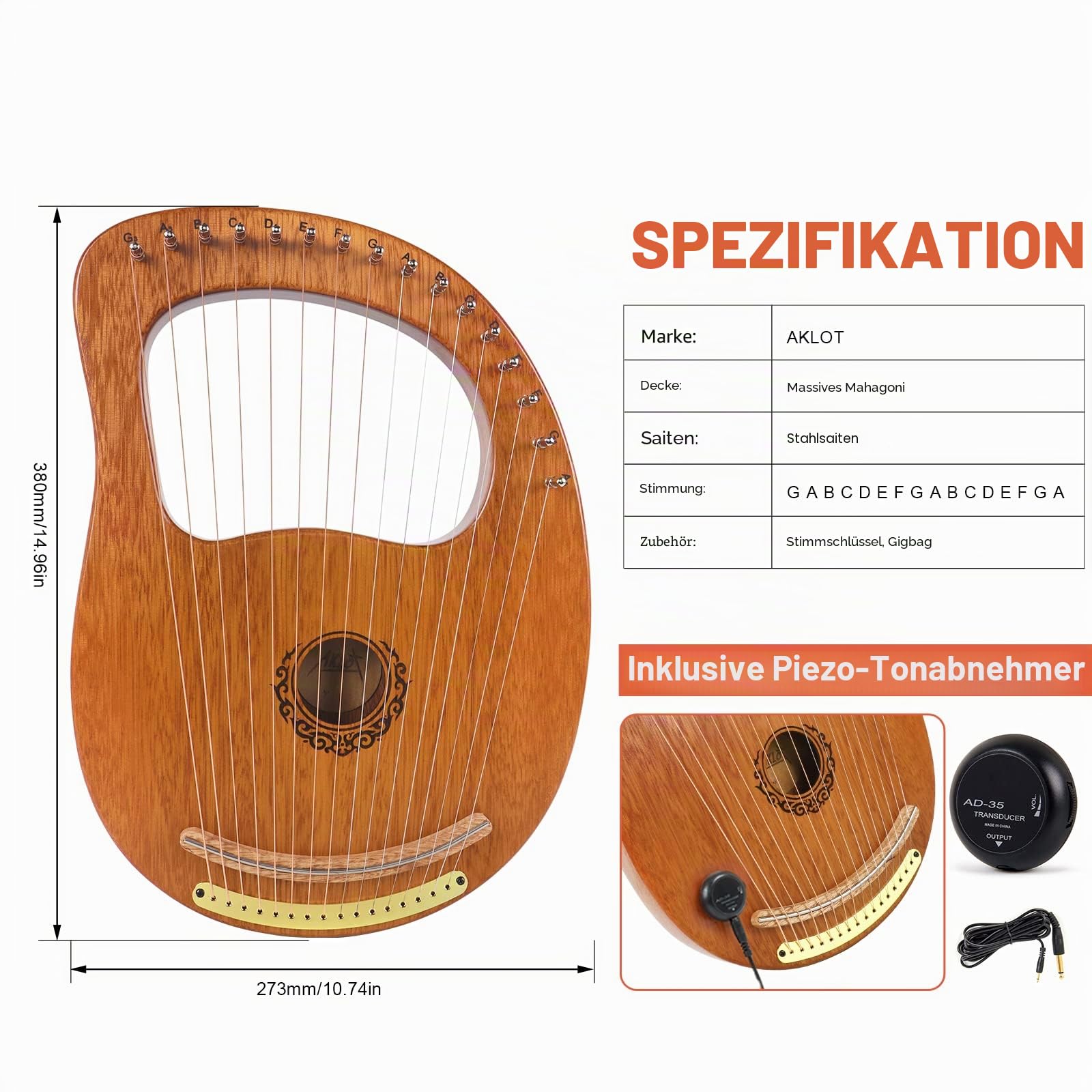 AKLOT 16 Metal Strings Lyre Harfe Mahagoni Lye Harfen mit Stimmschlüssel Pick UP extra Saiten Black Gig Bag