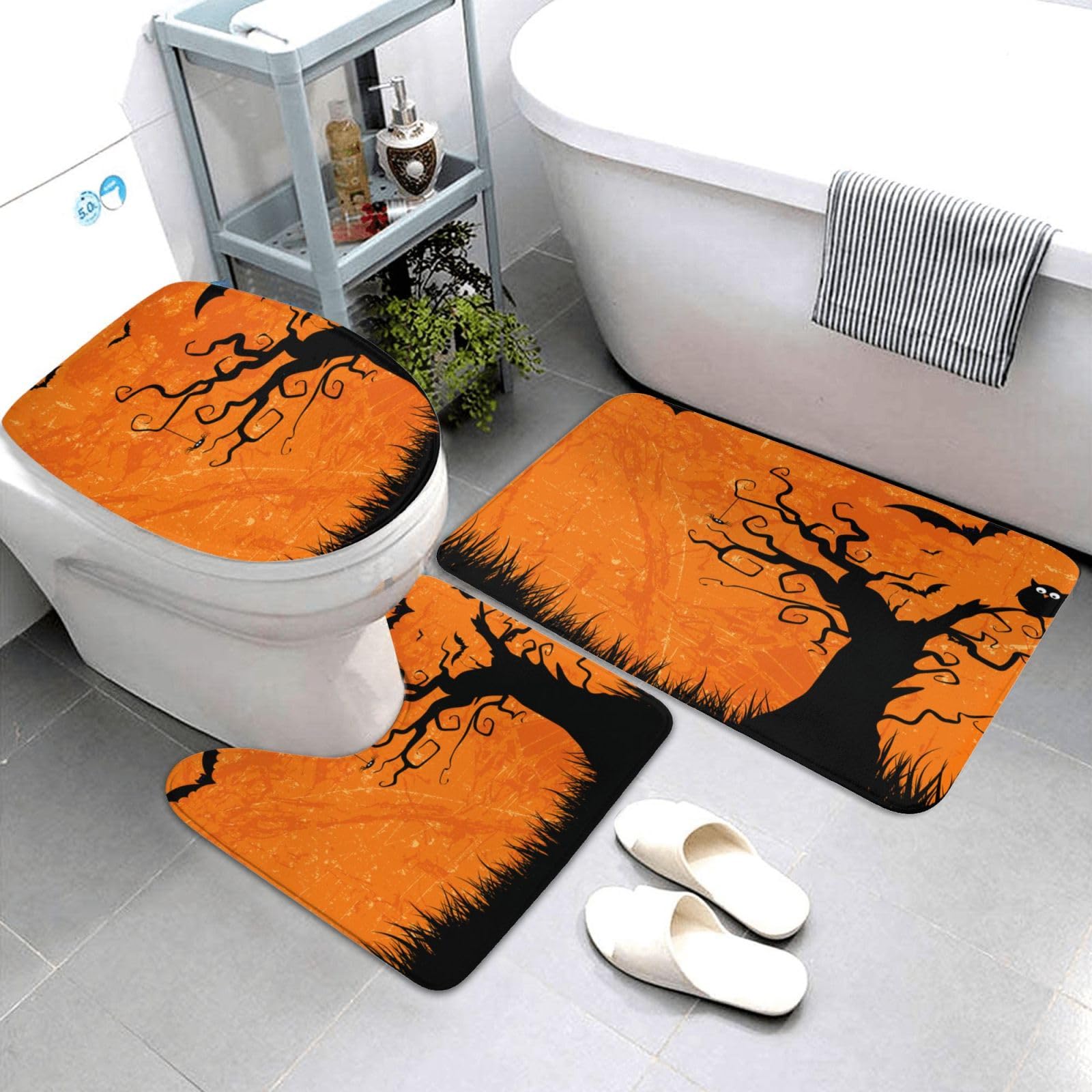 Set di tappetini da bagno con stampa arancione per feste di Halloween, 3 pezzi inclusi, tappetino da contorno assorbente per bagno