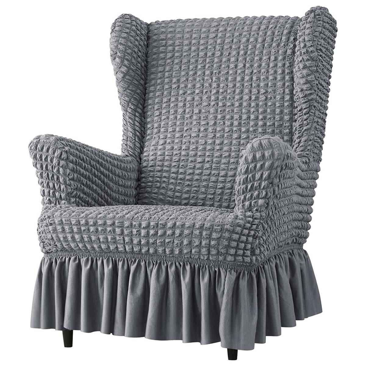 Dazzluxe Seersucker Stretch Wingback Chair Slipcover with Skirt, Wing Chair Covers with Elastic Bottom, Non Slip Armchair Slipcover Sofa Cover Washable Furniture Protector,Grey1,1 Pcs