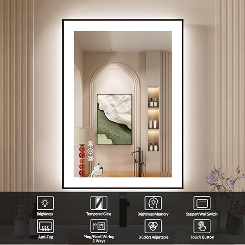 Miniatura 2 de Espejo de baño LED de 20 x 28 pulgadas con marco negro, retroiluminado y frontal iluminado para pared, antiniebla, regulable, memoria, inastillable,