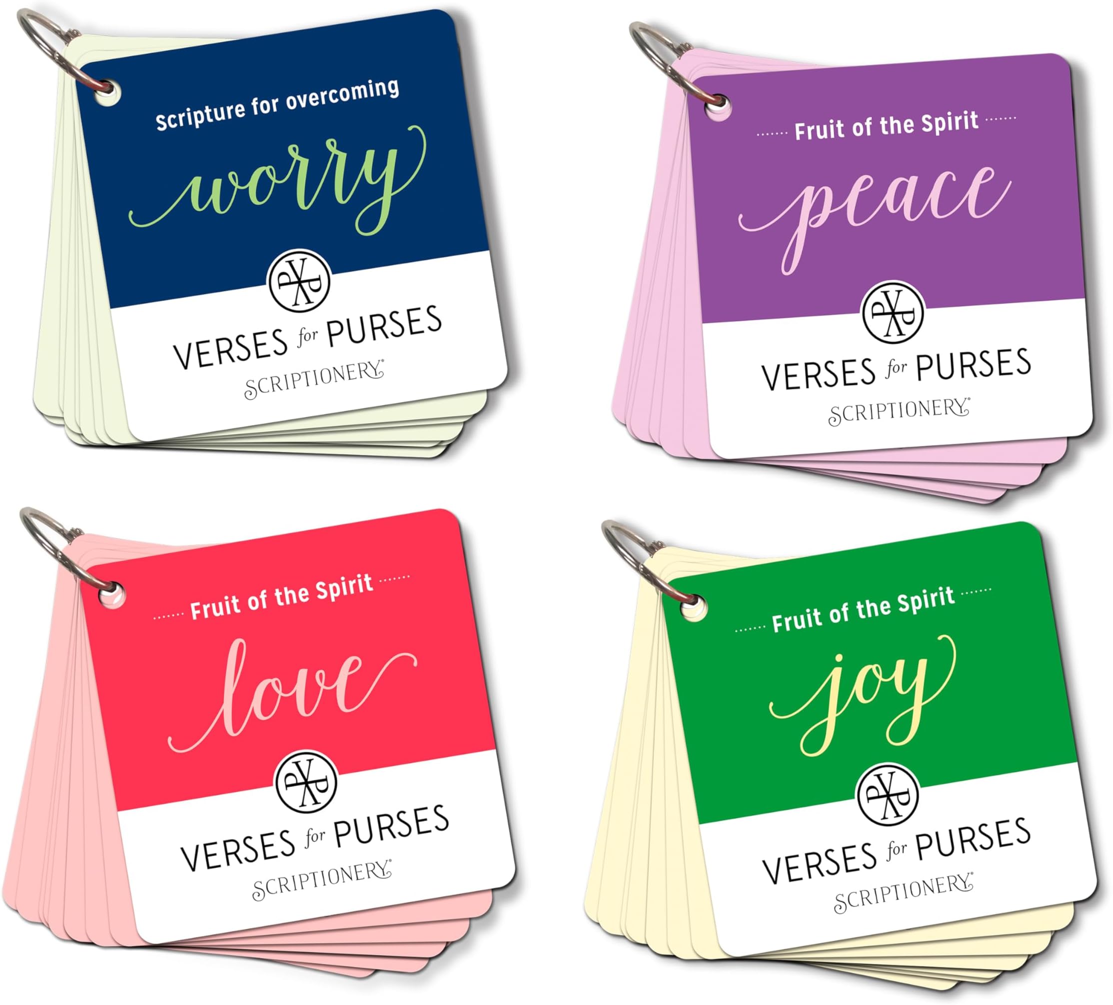 ScriptioneryScripture Cards - 4-Pack Set of "Verses for Purses" - The Fruit of the Spirit - Love, Joy, Peace, and Overcoming Fear Worry and Anxiety Bible Verse Cards (Scripture Memory, Prayer Cards)