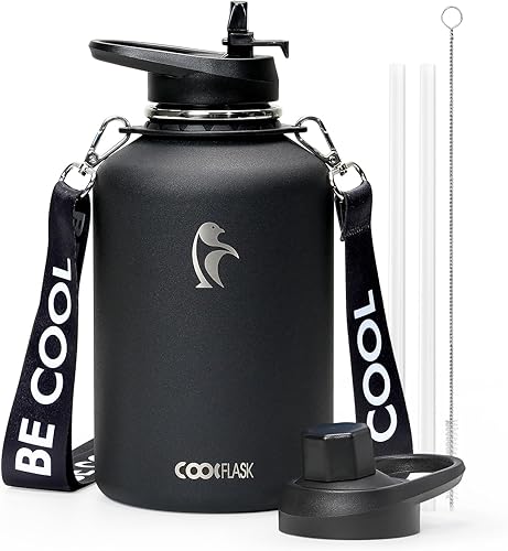 Miniatura 18 de Coolflask Botella de agua con pajilla, termo de agua de metal aislado de 40 onzas con tapas de popote y boquilla, acero inoxidable de doble pared