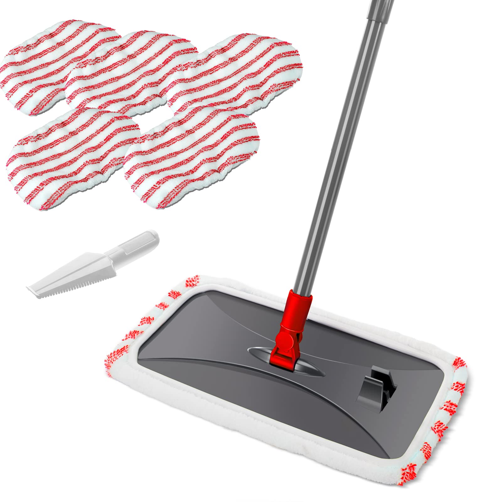 Masthome Extra Large Microfiber Mop for Floor Cleaning, 16“ Flat Mop with 5 Mop Pad for Wet & Dry Use, Dust Mop for Hardwood Laminate Tile Ceramic, 1 Cleaning Scraper Included-Red