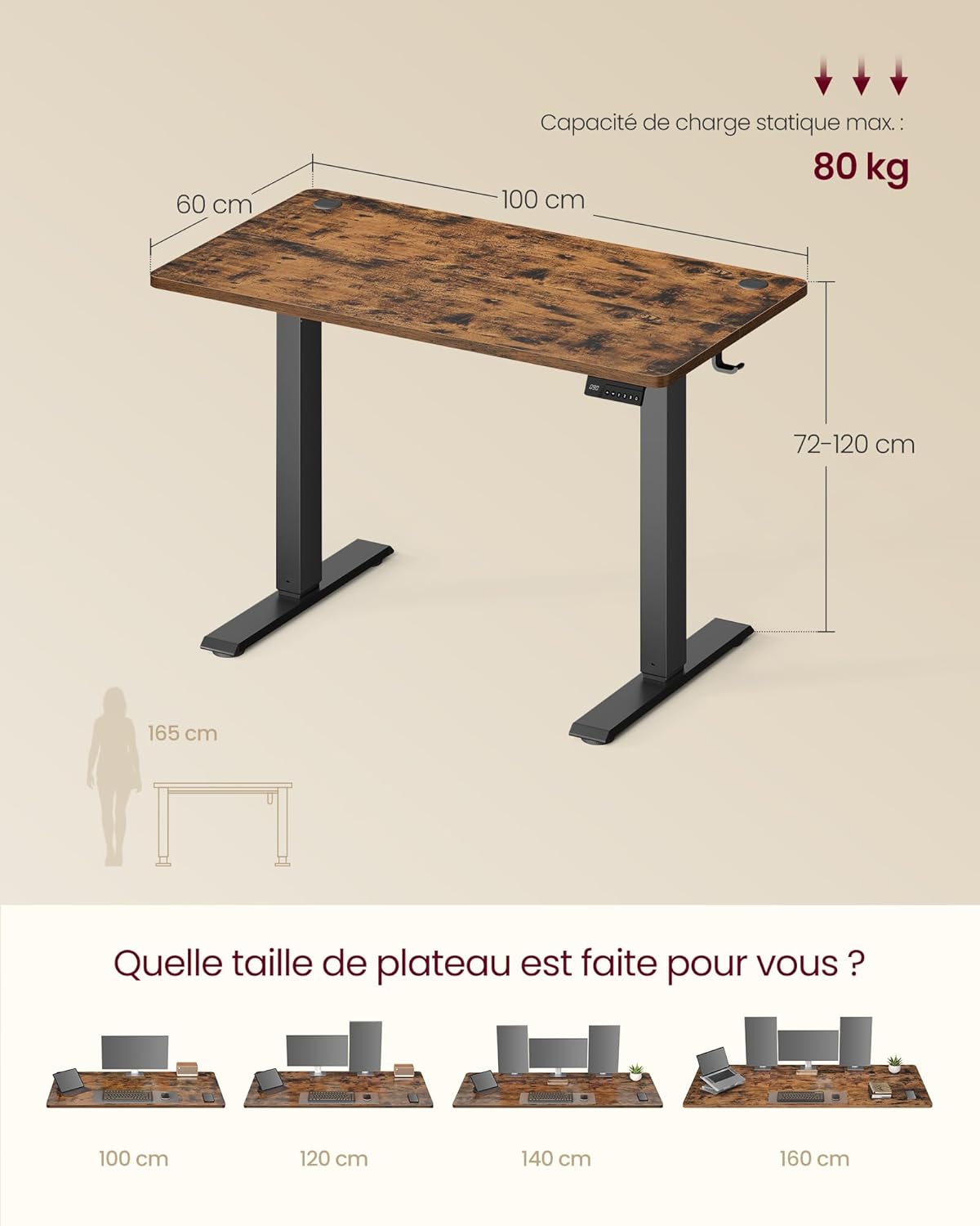 Desk dimensions and static load capacity diagram