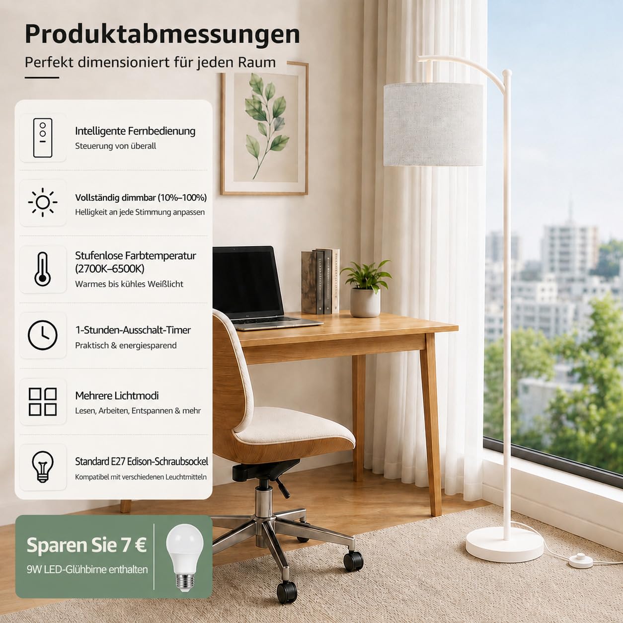 Torkase LED Bogenlampe Wohnzimmer, Dimmbare Stehlampe mit Stoffschirm, Retro Stehleuchte 2700K-6500K, 4 Farbtemperaturen & 10%-100% Helligkeit, Leselampe mit Pedalschalter Weiß