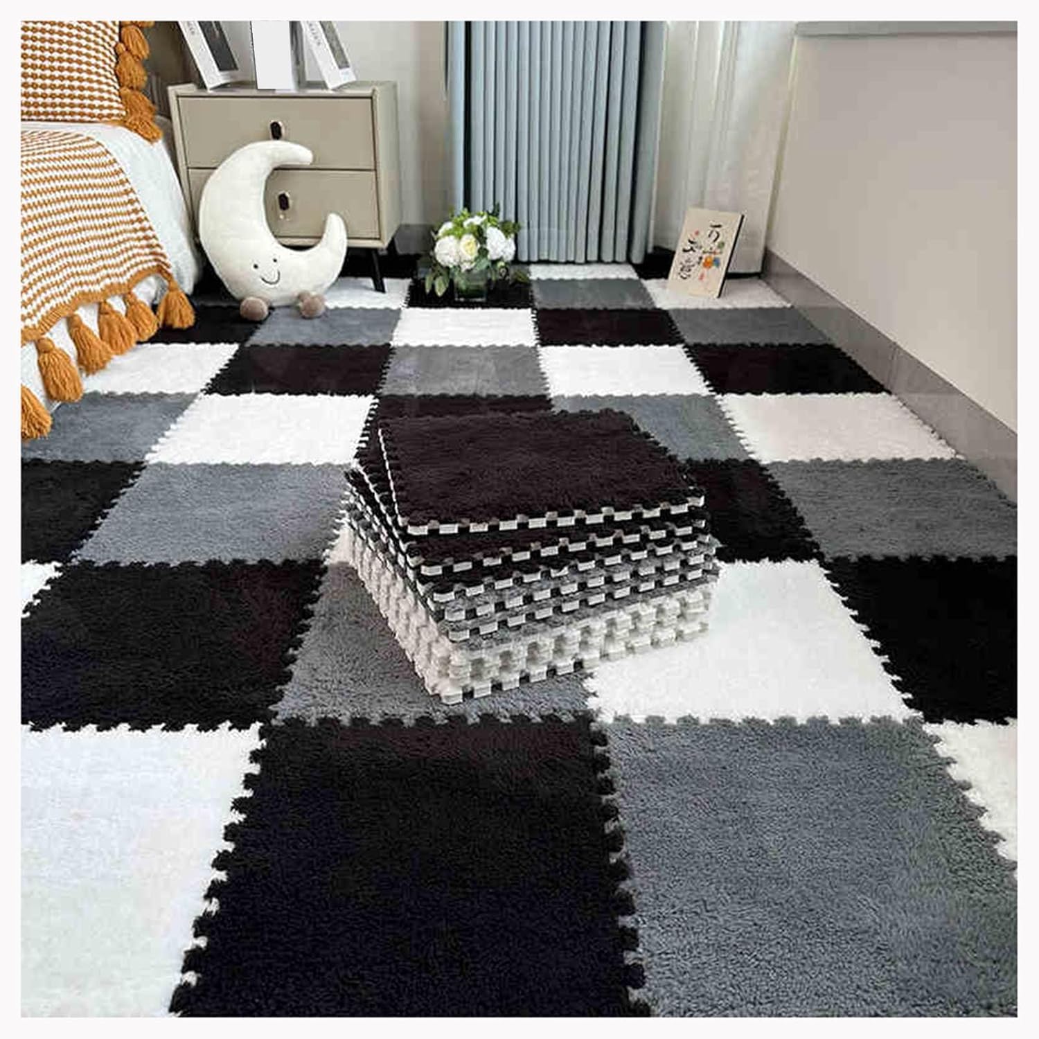 JvFbjLF Interlocking Carpet Tiles 12X12 Inch Square Foam Mat With Border Plush Carpet Puzzle Mats(White+Gray+Black,20pcs)