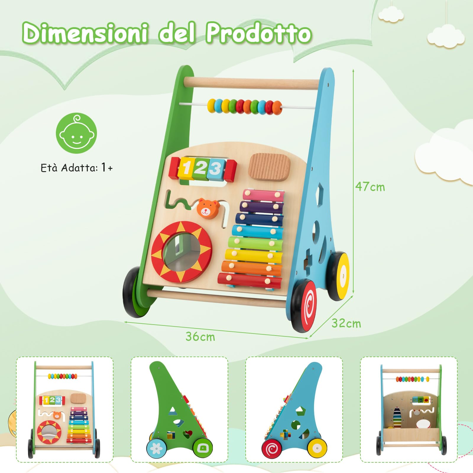 COSTWAY Carrello Primi Passi per Bambini, Girello Neonato in Legno, con Giocattoli Montessori, Centro Attività con Ruote, per Bambini 12+ Mesi (Colorato)