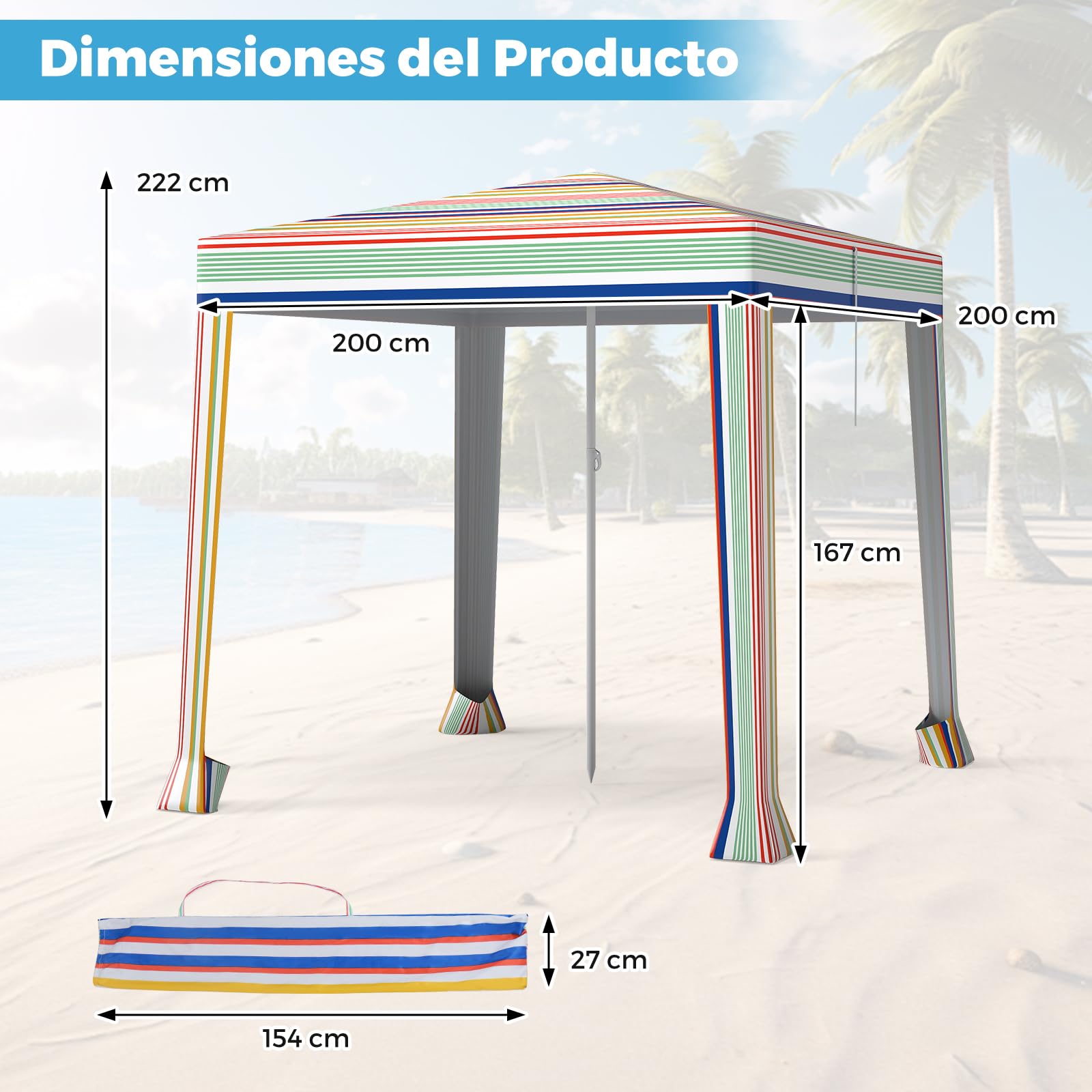 COSTWAY Sombrilla Playa Grande, 200 X 200 CM, Techo Ventilado, Protección Solar, Parasol Jardin Cuadrda con Bolsa De Transporte, 4 Sacos De Arena, Protección Solar Exterior (Colorido)