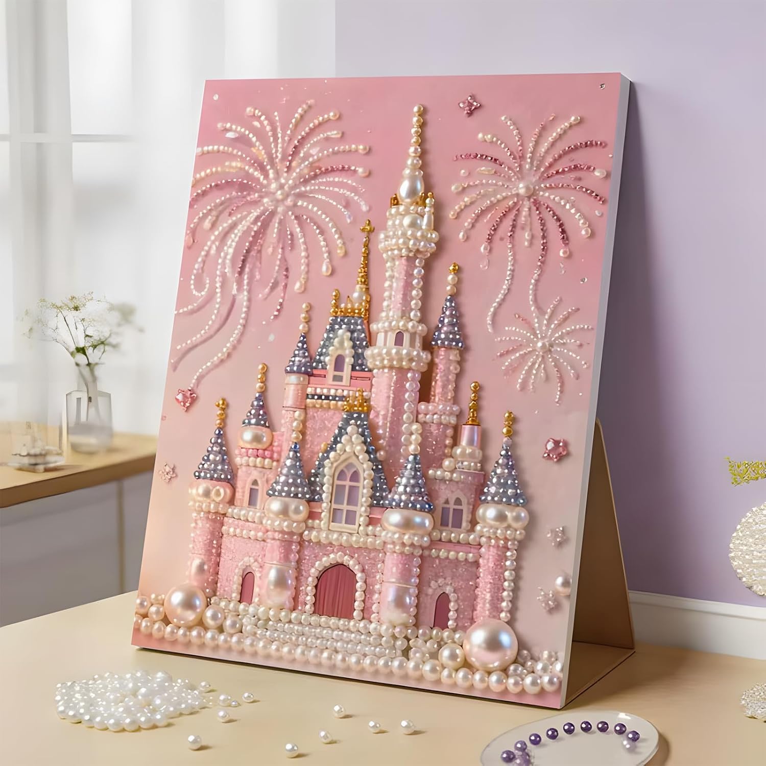 YHWABOICE DIY Beaded Art Kit - Castle Pearl Paintin, DIY 3D Pearl Painting Kit, Castle Design with Fireworks, Plastic Pearl Art Craft for Adults and Beginners, Home Wall Decor (#14) image 3