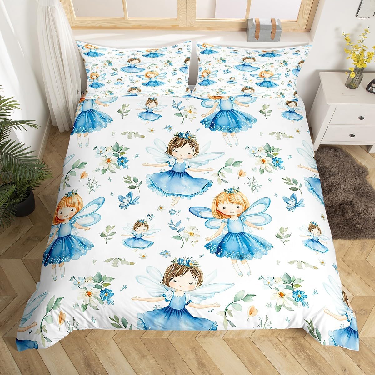 Feelyou Ballet Comforter Cover Toddler Size, Kids Sprite Elf Bedding Set for Kids Toddler Blue Butterfly Duvet Cover Princess Bedspread Cover Room Decor Breathable Quilt Cover (No Comforter)