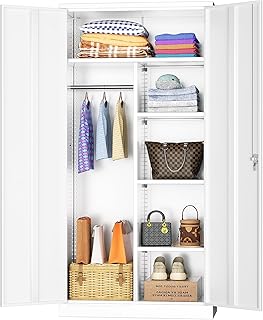 INTERGREAT 72”Tall Metal Wardrobe Cabinets with Lock,Clothing Storage Cabinets with Hanging Rod and 4 Adjustable Shelves,Closet for Home Living/Laundry Room/Department (White)