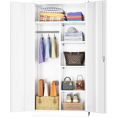 INTERGREAT Metal Wardrobe Closet, 72" White Locking Storage Wardrobe Cabinet with Doors and Shelves, 36" W * 18" D Steel Clothes Storage Cabinets for Office, Home, School, Gym