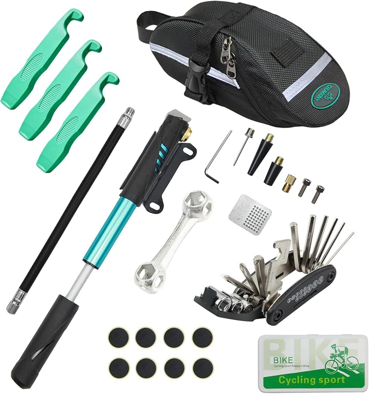 Bike Repair Kit Contains 16-in-1 Tool, 120Psi Mini Bicycle Pump, Tire Patch, Used for Mountain/Road Bike.