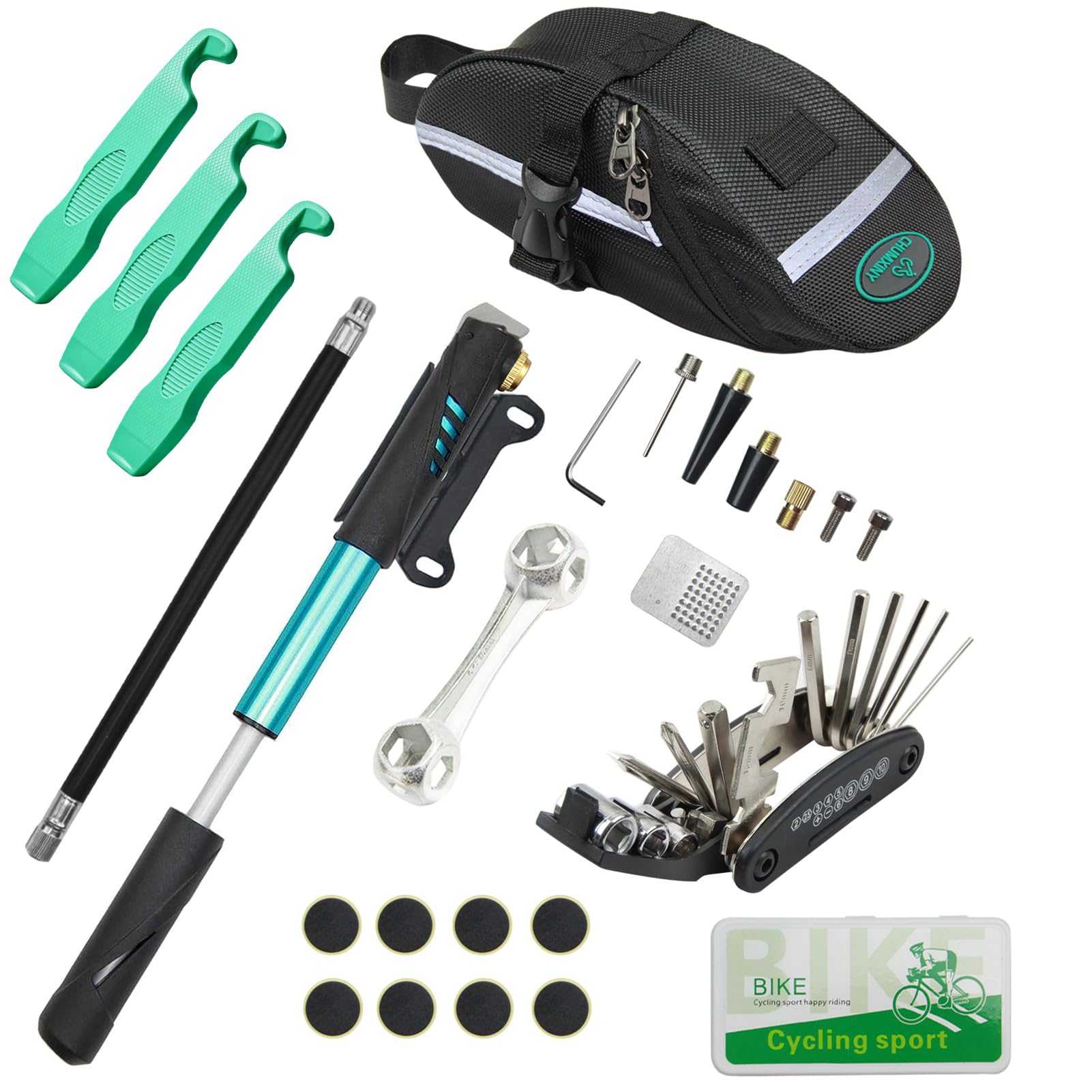 Chumxiny Kit di riparazione per biciclette, kit di riparazione pneumatici per bici contiene 16 in 1 attrezzo, mini pompa da 120 psi, kit di patch per pneumatici per bicicletta, utilizzato per mountain bike e bici da strada.