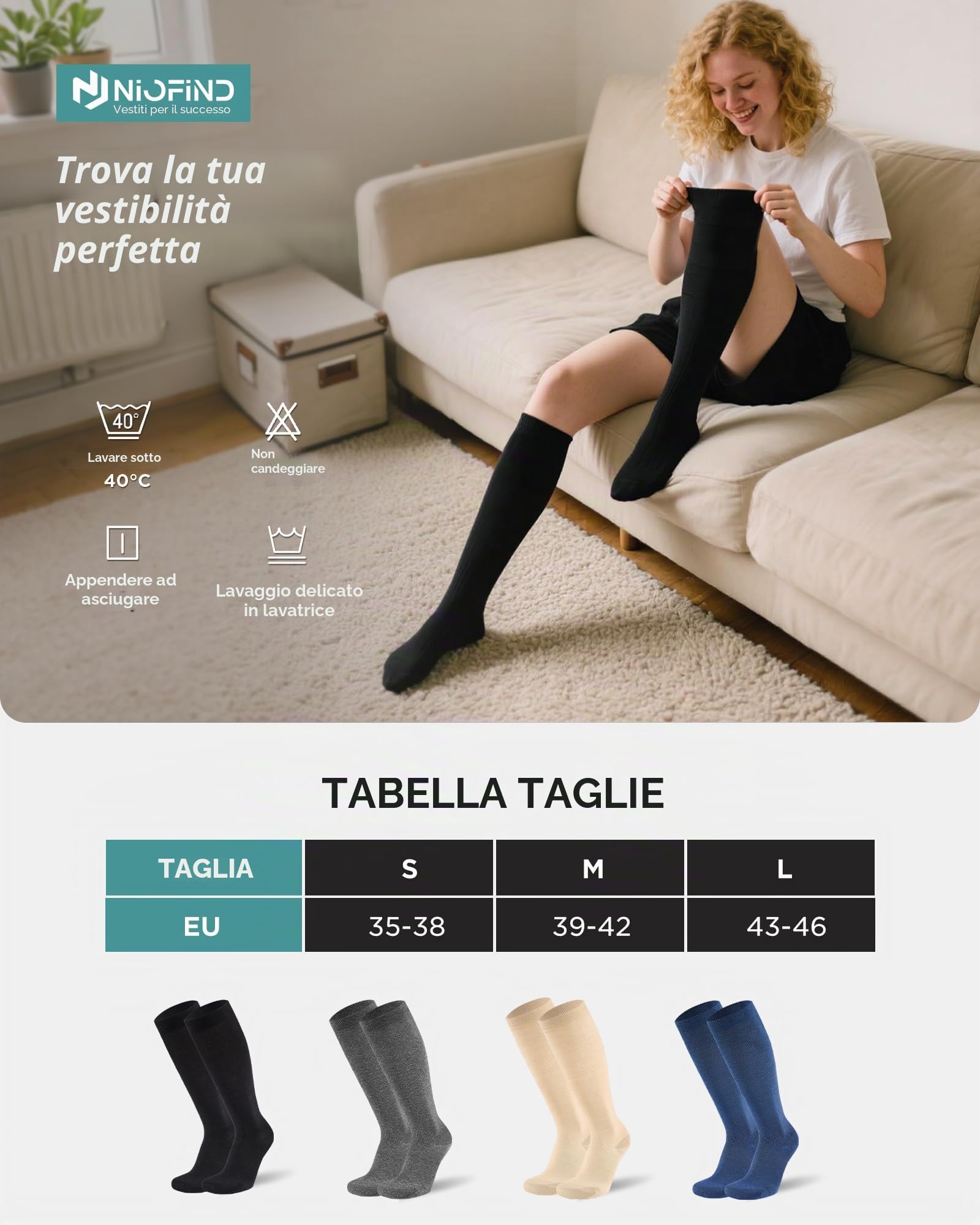 Niofind Calze a Compressione Graduata Donna e Uomo – 2 Paia di Calze al Ginocchio e Calze Elastiche – In Cotone 65% – Ideali per Sport, Lavoro, Viaggio e Gravidanza