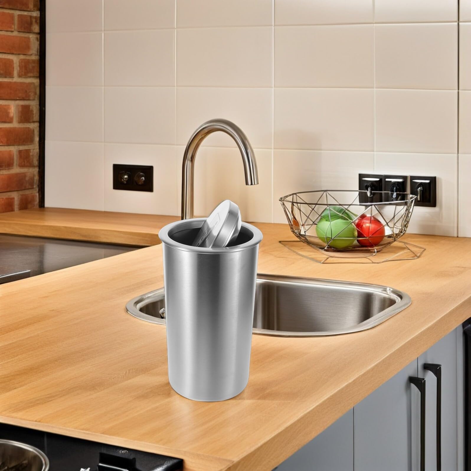 SHINEOFI Cubos de Basura Empotrados de Acero Inoxidable Tapa Abatible Redonda, Diseño Ahorrador de Espacio y Fácil Mantenimiento para Cocina y Restaurante