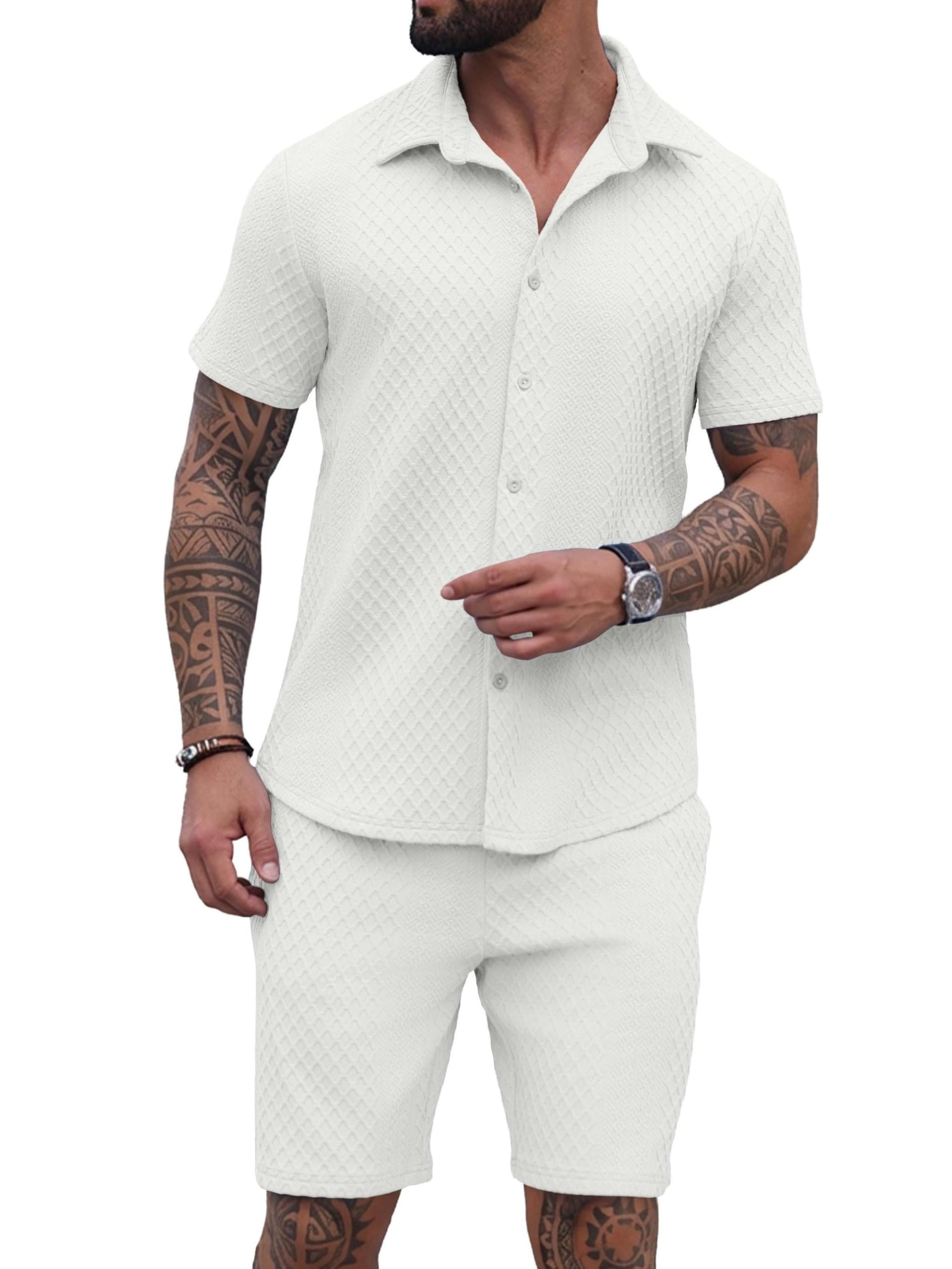 QIXING Conjunto deportivo de 2 piezas para hombre, conjunto de camisa y pantalones cortos de punto texturizado con botones y pantalones cortos, conjuntos casuales para vacaciones en la playa