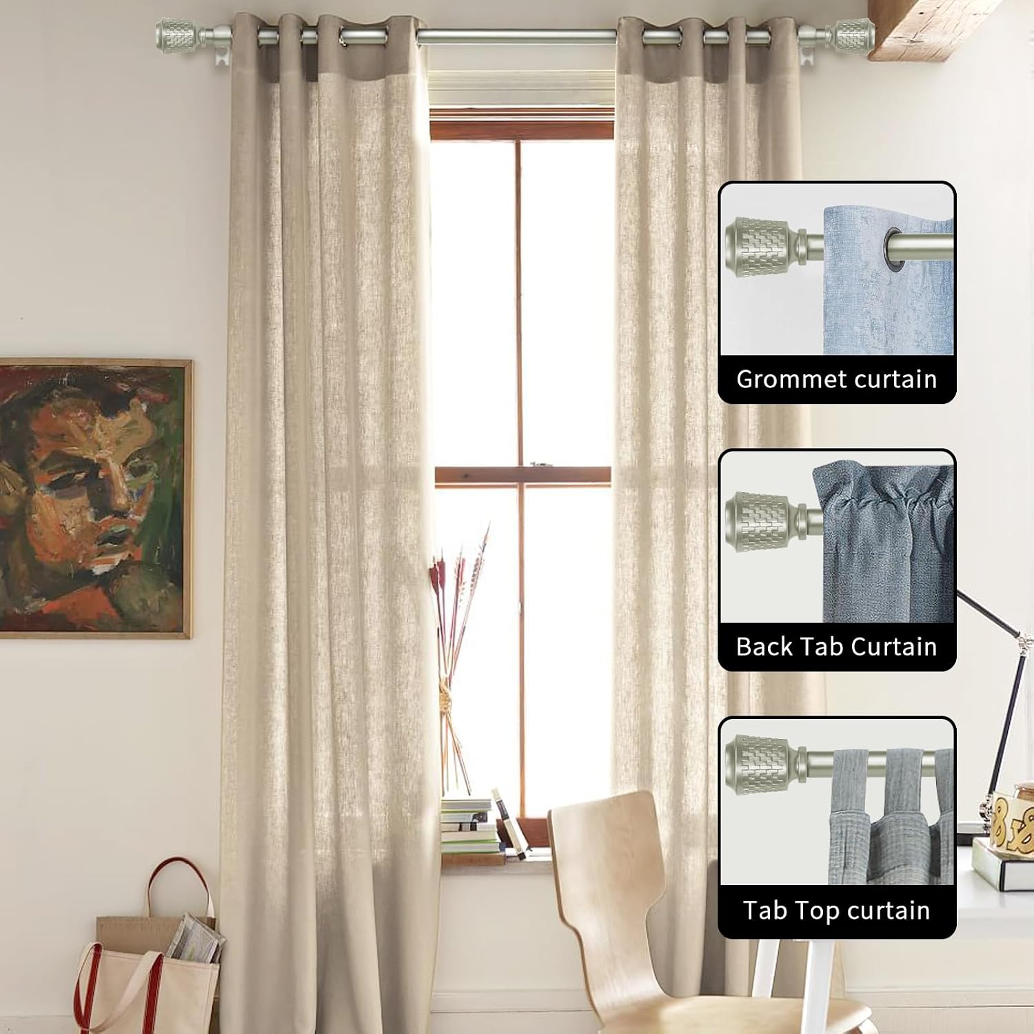 5/8" single Curtain Rod with Vieve Finials (Pewter, 84"-120")
