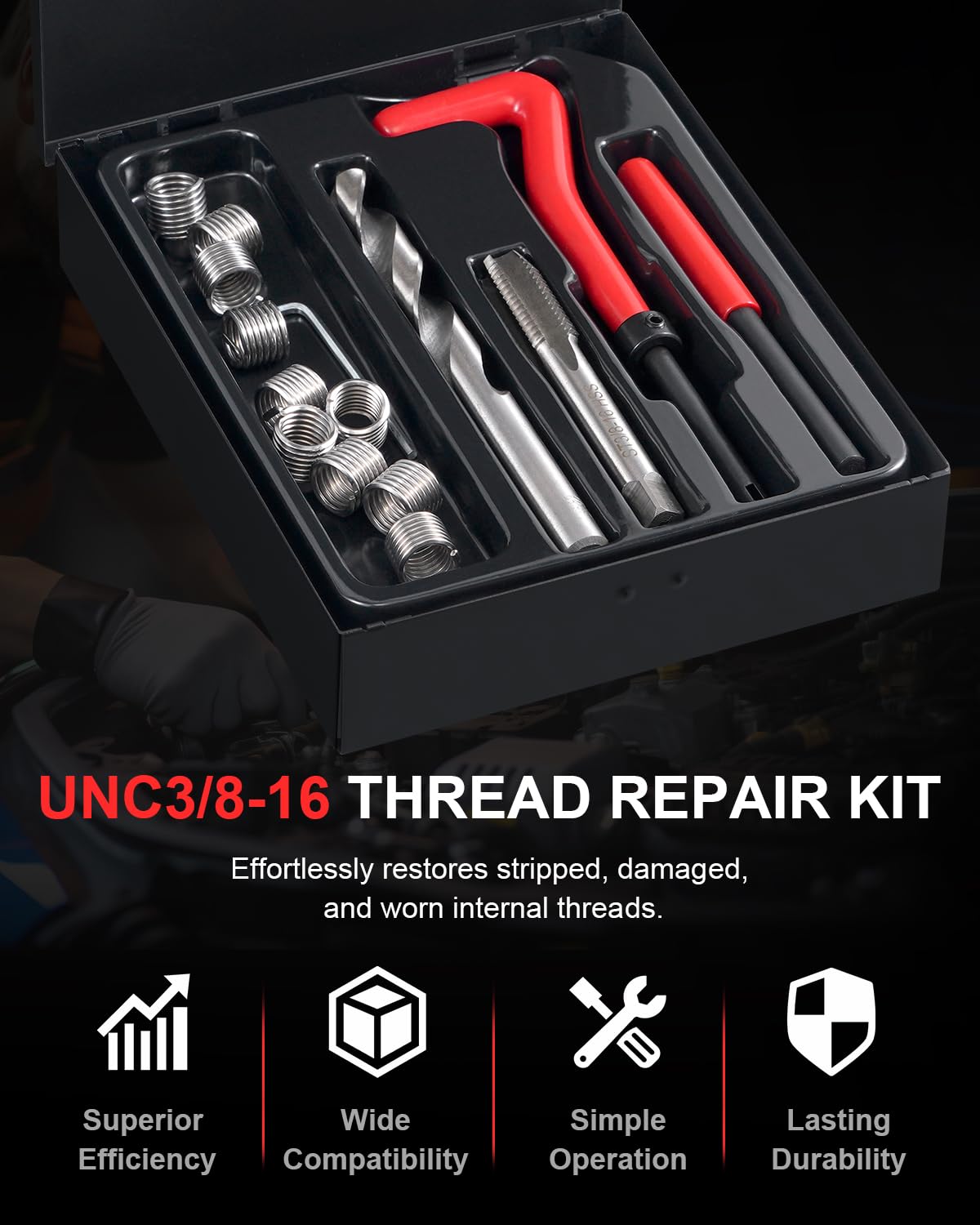 Kolvoii Kit di riparazione filettatura UNC3/8-16, kit di riparazione filettatura SAE Helicoil con punte da trapano HSS, inserti filettati, rubinetti, strumenti di installazione