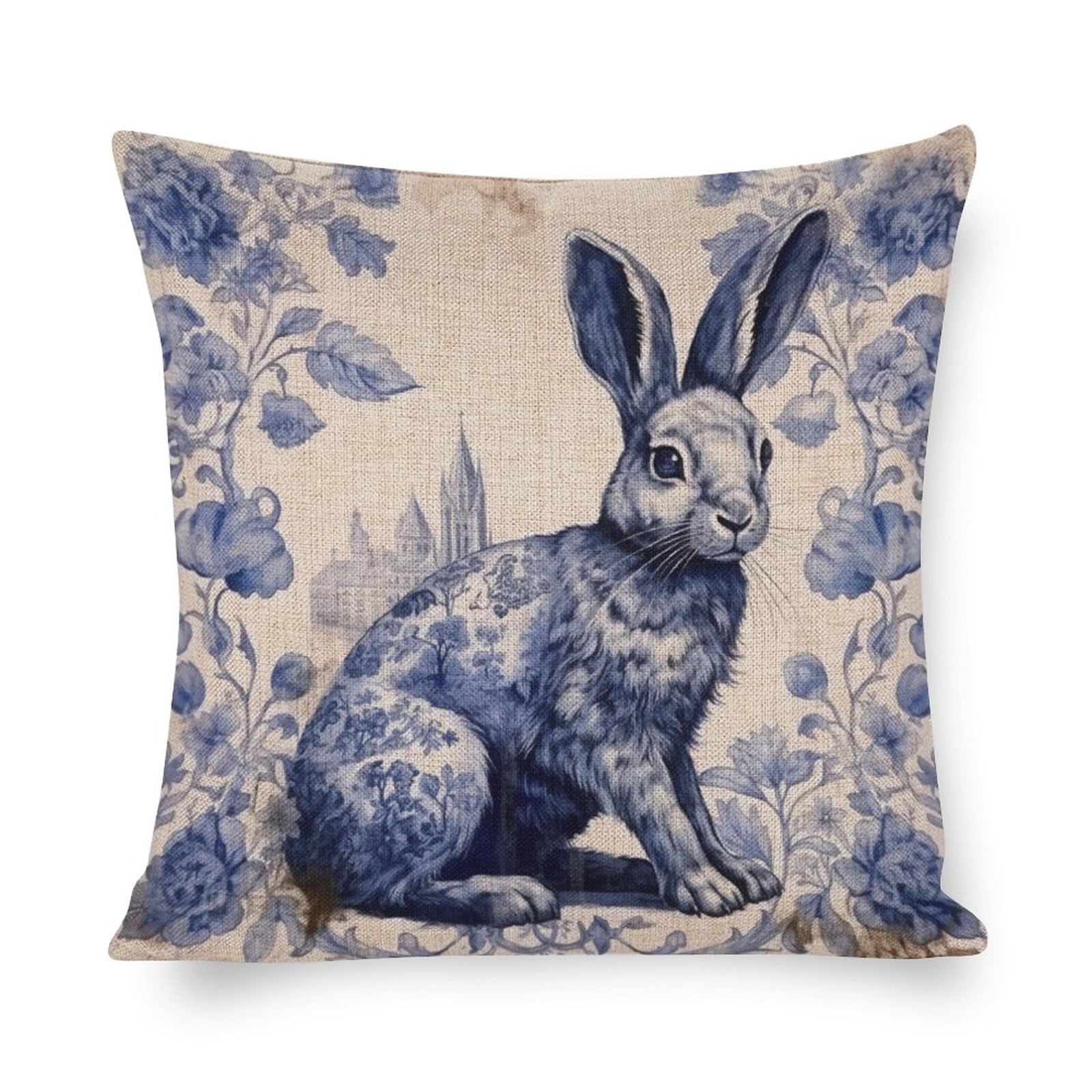 MaSiledy 16"x16" Rustic Blue Dutch Rabbit Floral Square Pillow Cover, 1 Count, Home Decoration, Outdoor Use