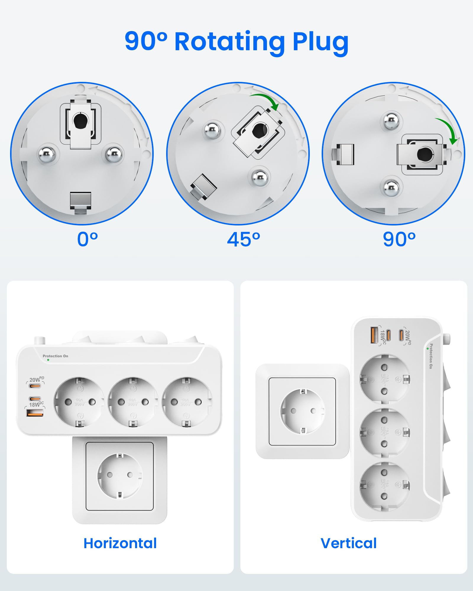 Ladron Enchufes USB C,Regletas Enchufes Pared Carga Rápida PD20W y QC18W,Enchufe Multiple 3 Tomas,Vertical Trifasico Enchufe con Interruptor,Adaptador Enchufe Triple Proteccion Sobretension,Blanco