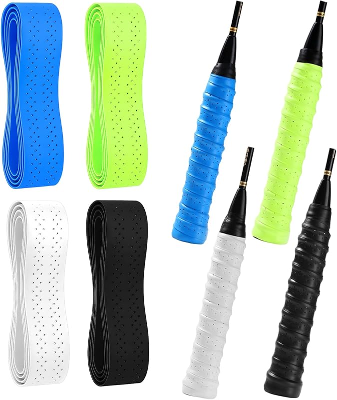 Agarre de Raqueta de Bádminton - 4 Pcs Antideslizante Raqueta de Tenis Cinta - 110 × 25 mm, Transpirables y Antideslizantes para Raquetas de Bádminton y Tenis (Blanco, Azul, Verde Fluorescente, Negro)