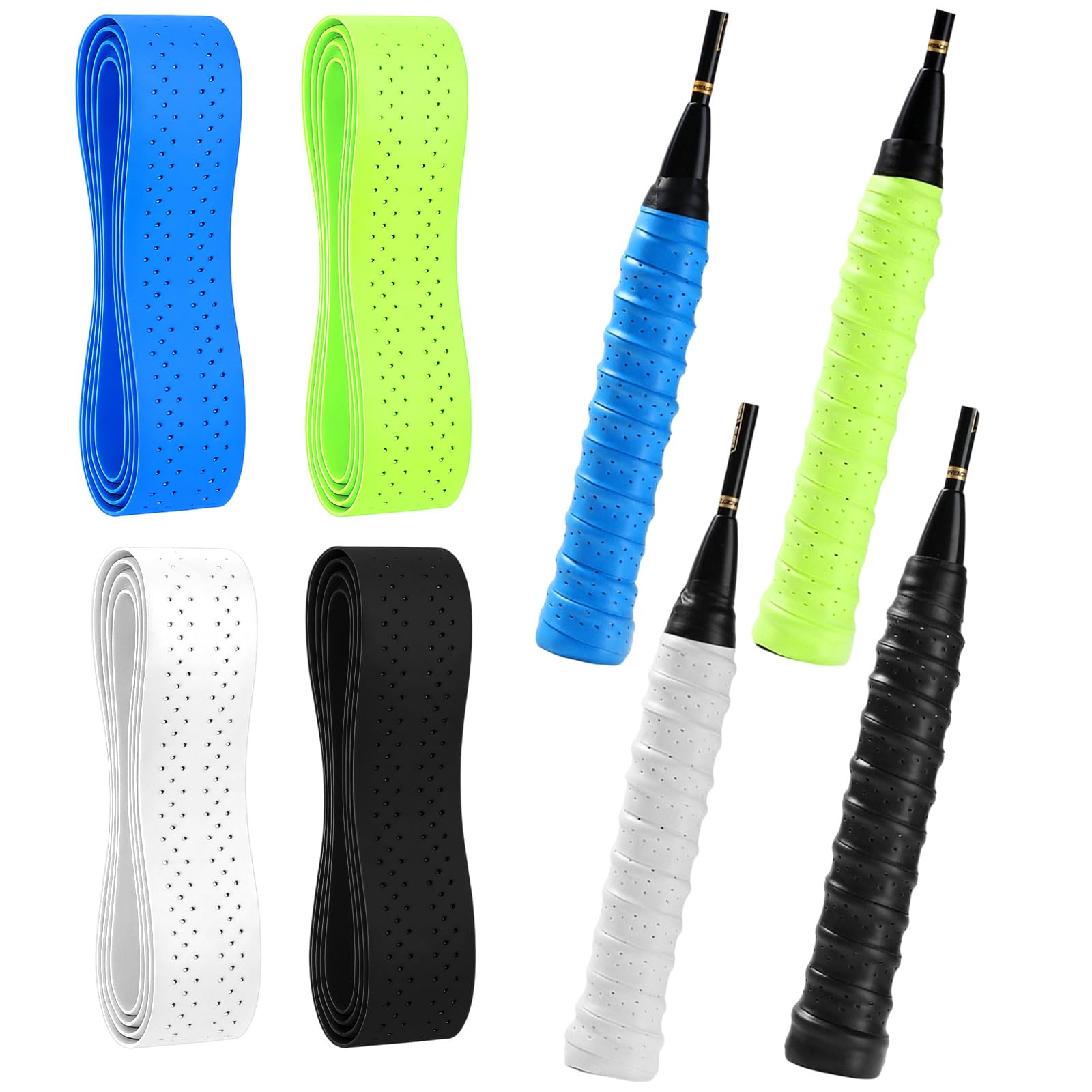 Agarre de Raqueta de Bádminton - 4 Pcs Antideslizante Raqueta de Tenis Cinta - 110 × 25 mm, Transpirables y Antideslizantes para Raquetas de Bádminton y Tenis (Blanco, Azul, Verde Fluorescente, Negro)