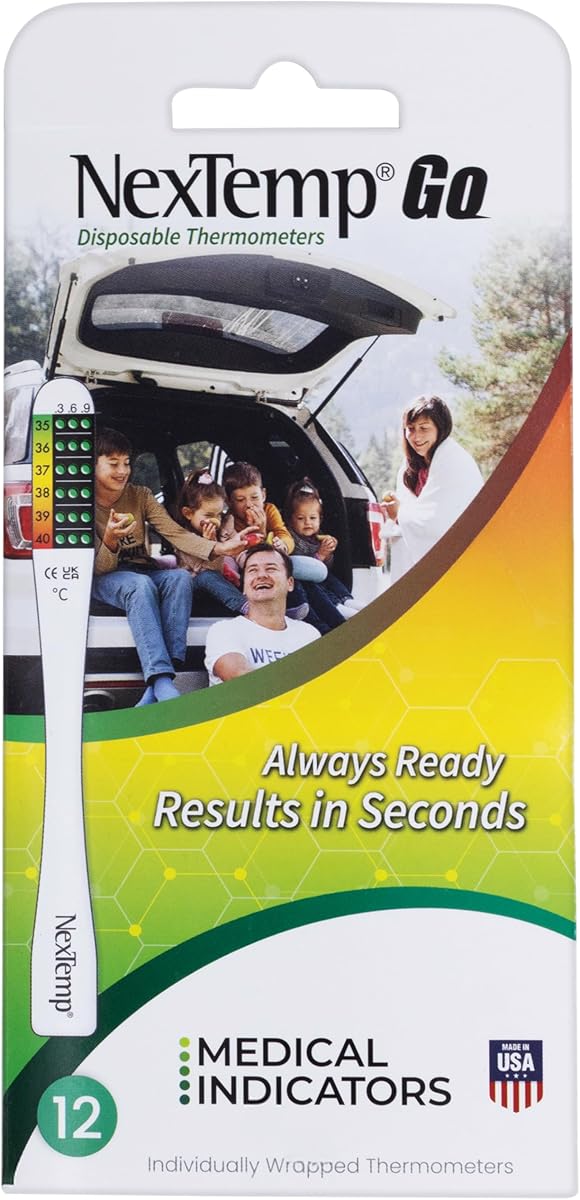 Go Disposable Thermometer (12-Pack, Celsius) — Oral Thermometer for Adults, Single Use, Battery Free, Hygienic, Accurate Readings in 10 Seconds, for Home & Travel
