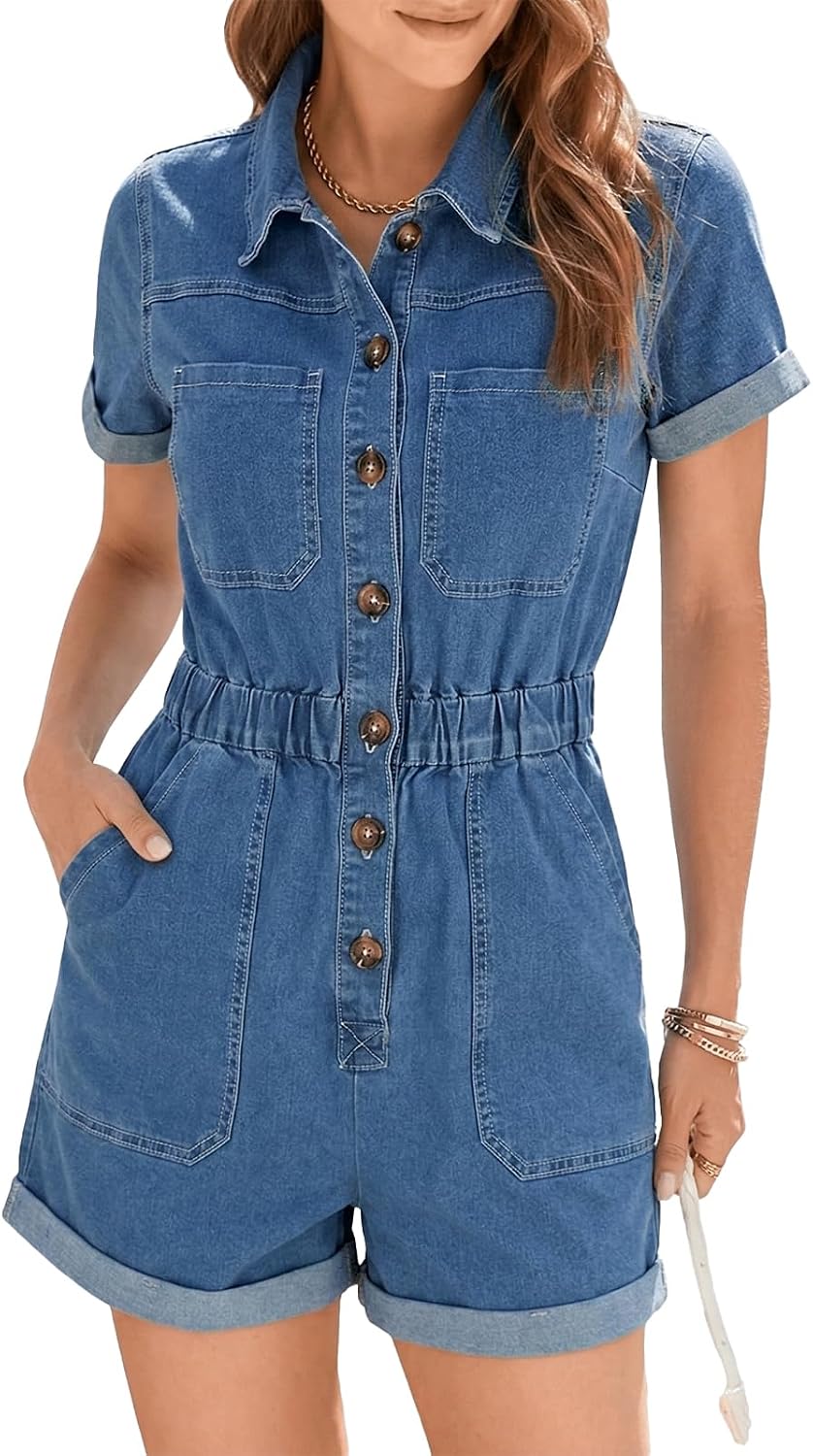 Women Denim Rompers Casual Summer Jumpsuit With Buttons Elastic Waist Short Stretch Blue Jeans With Pocket