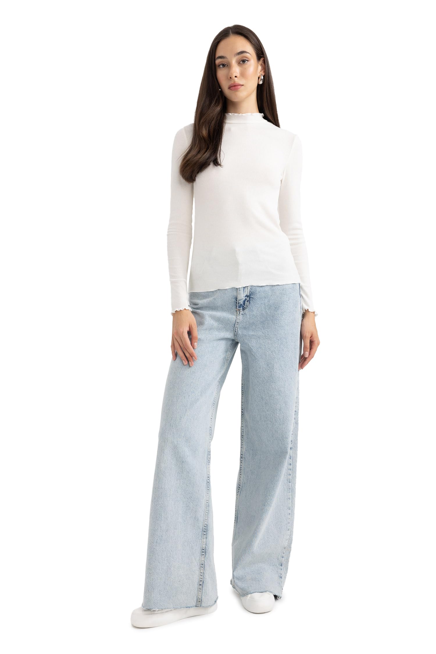 Kadın Slim Fit Yarım Balıkçı Yaka Fitilli Kaşkorse Uzun Kollu Tunik