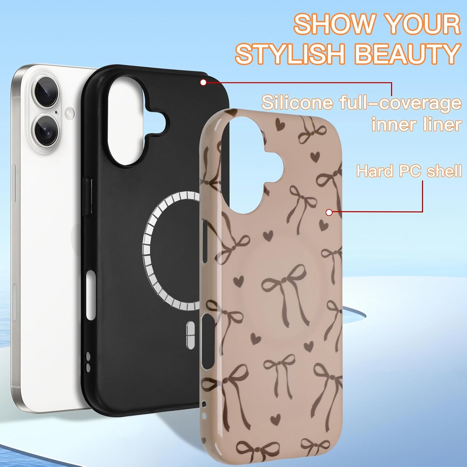 KANGHAR Case for iPhone 17 Compatible with Magsafe Cute Brown Bows and Hearts Scratch Resistant Hybrid 2-Layer Hard Protective Phone Cover for Girl Women Boy Men 6.1 Inch