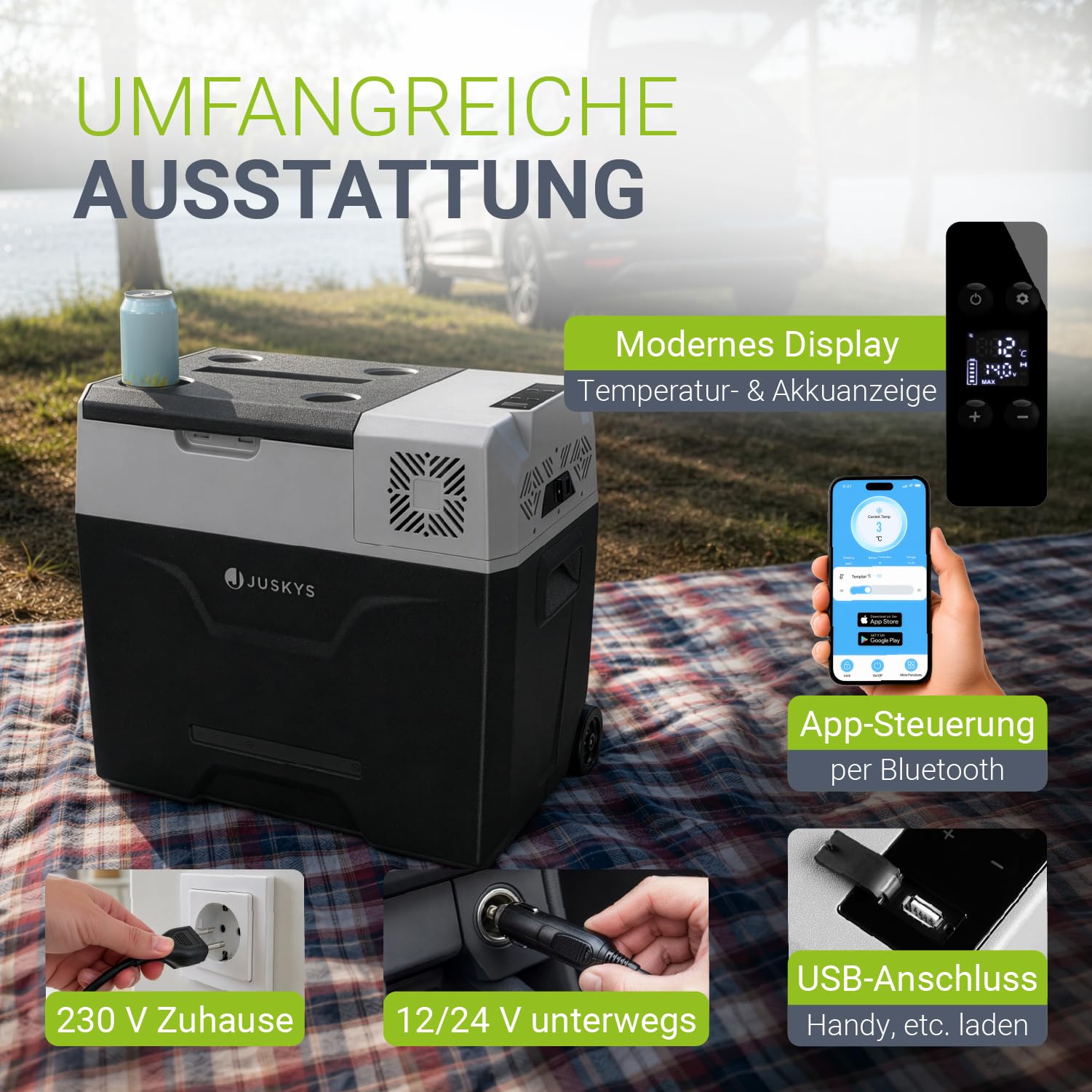Juskys Kompressor Kühlbox 50 Liter 12/24/230 V für Auto, LKW, Reisemobil, Camping - Mini Kühlschrank kalt & warm - Kompressorkühlbox Steckdose - Grau