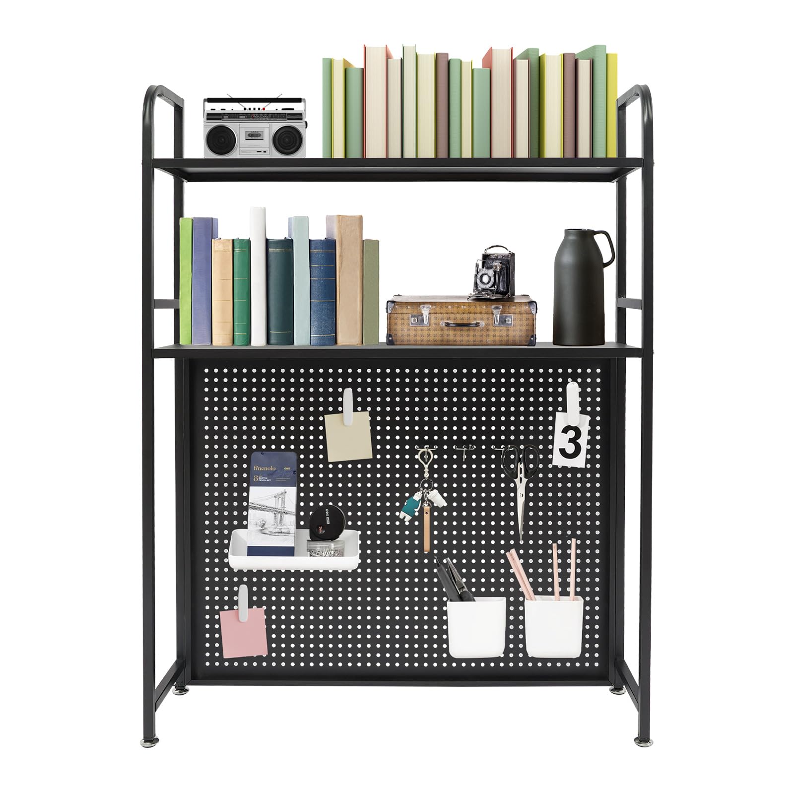 Organizer da scrivania in metallo, a 2 piani, multiuso, con fori e ganci, per riporre libri, materiale da ufficio, supporto in acciaio al carbonio, 15 mm, 75 x 20 x 98 cm