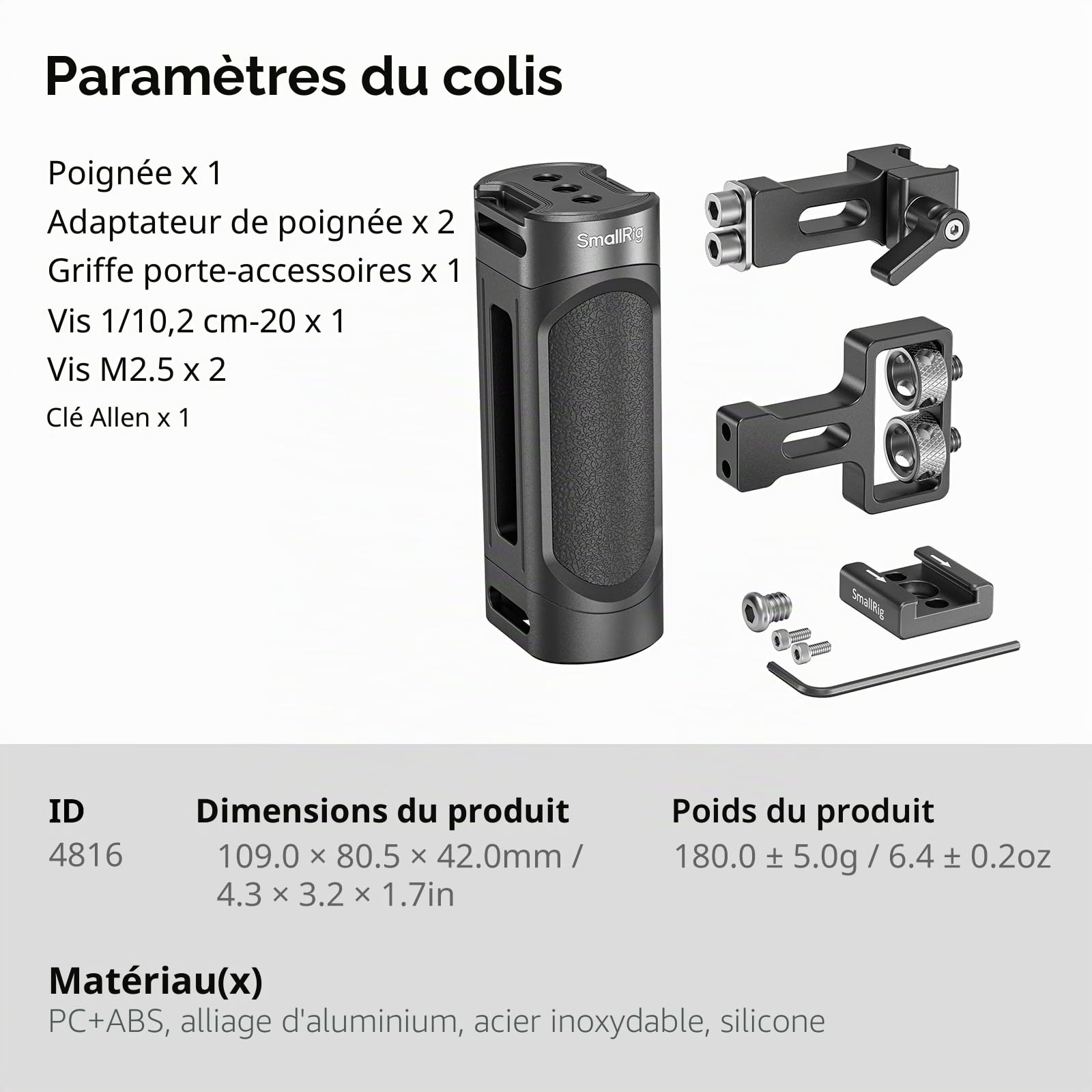 SMALLRIG Mini Poignée Latérale avec OTAN et Vis 1/4"-20, pour Main Gauche ou Droite, avec Trous Filetés 1/4"-20, Trous pour Dragonne, Griffe Froide, Réglable vers Le Haut et vers Le Bas - 4816