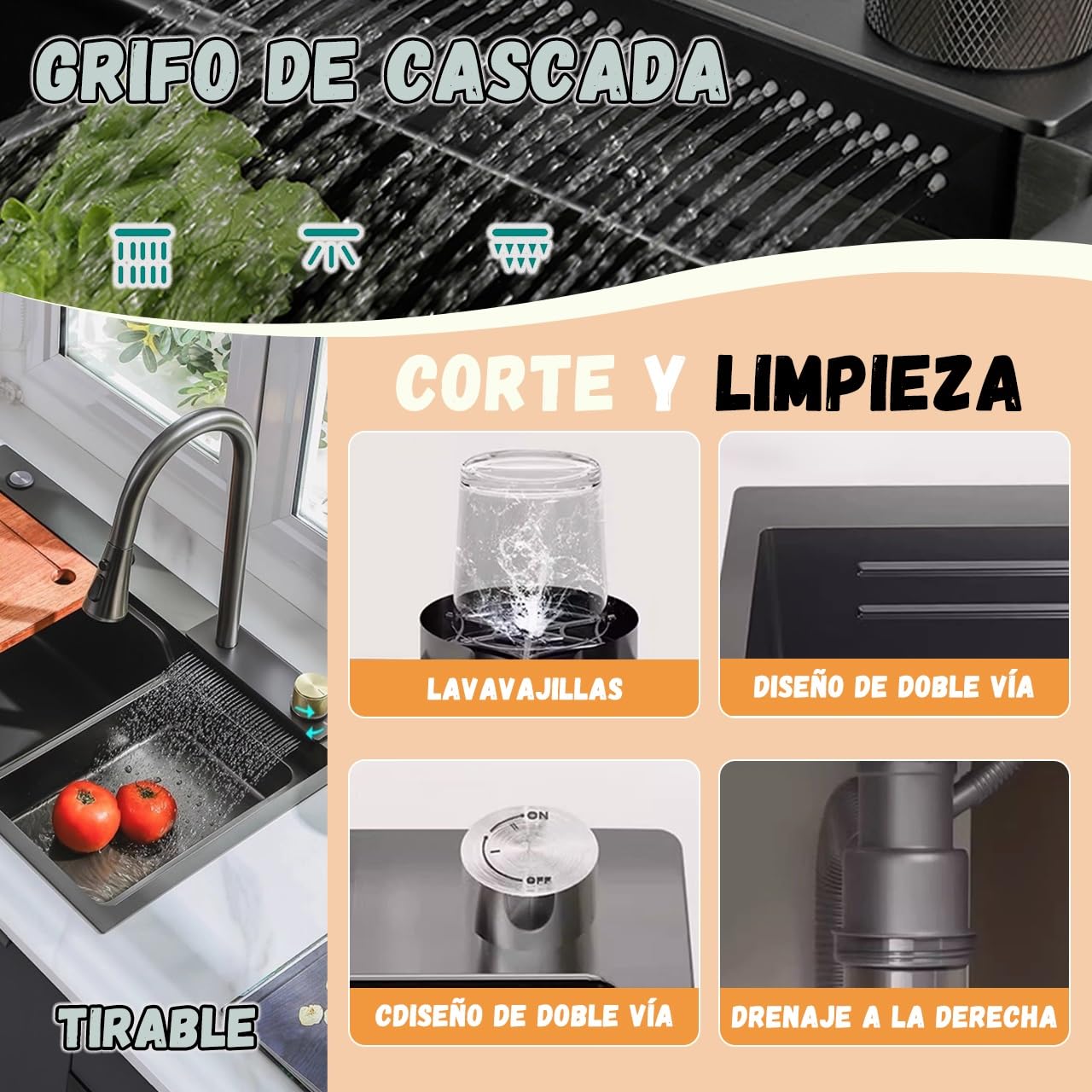 Negro con Cascada, grifo monomando LED de Acero inoxidable para lugar de Trabajo, Tabla de cortar móvil y fregadero con desagüe, Moderno multifuncional (Negro#01A, 70x50cm)