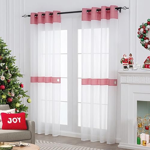 Miniatura 2 de L.Z.E Cortinas blancas traslúcidas para sala de estar, cortinas a cuadros rojos de 72 pulgadas de largo, juego de 2 paneles con alzapaños en la