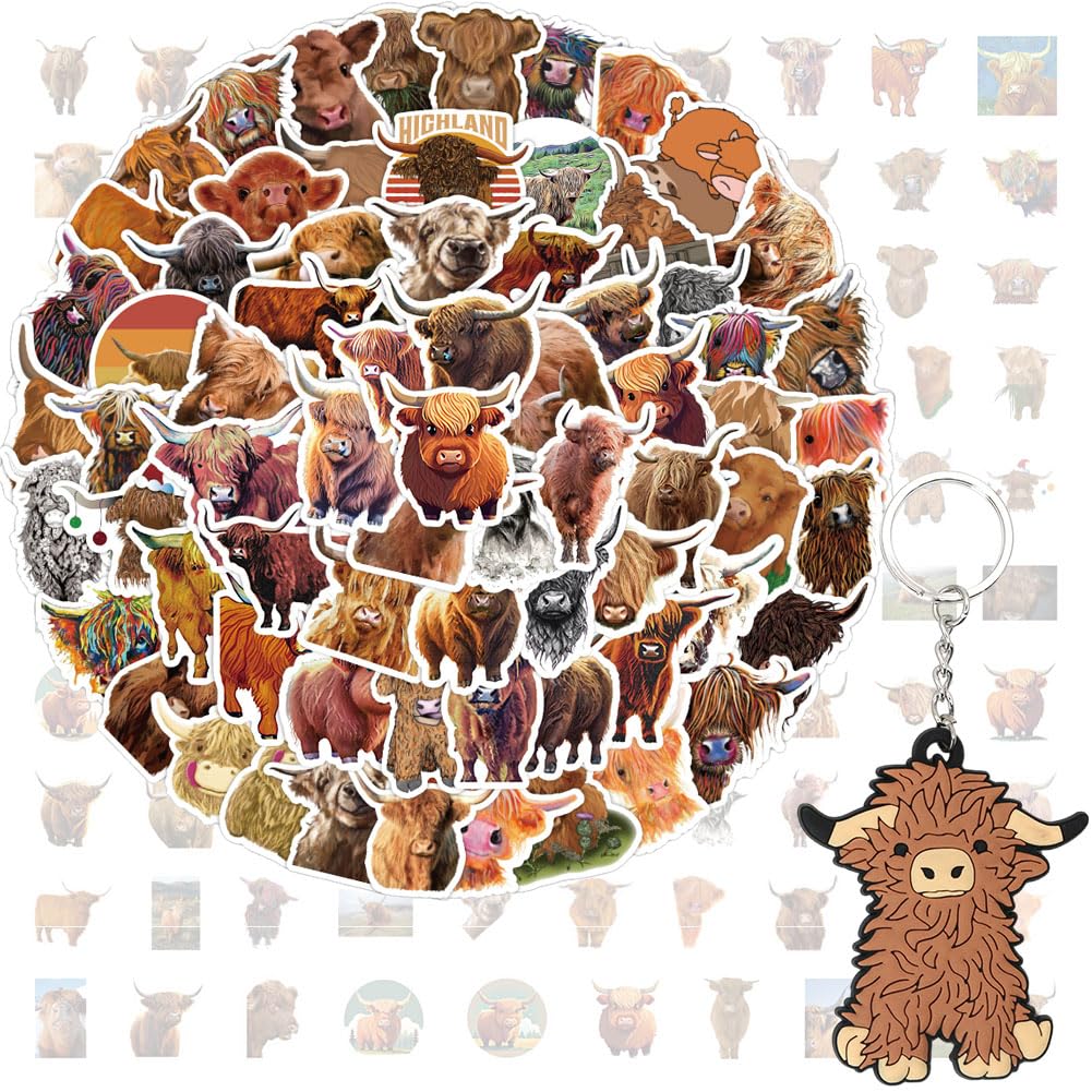 SWZY Highland Cow Stickers and Cow Keychain Set