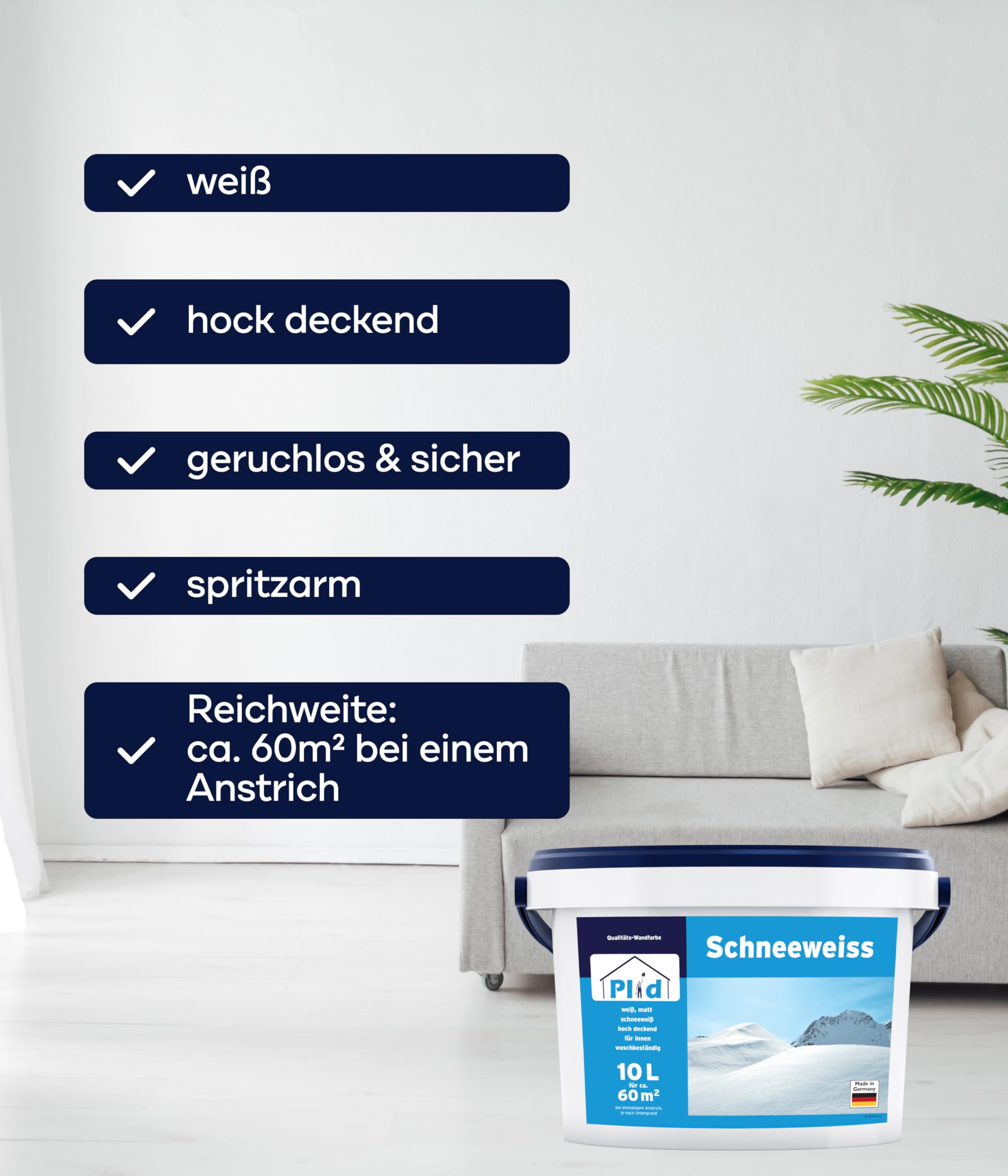 Plid Schneeweiß Wandfarbe Weiß 10L für ca. 60 m² - Polarweiß geruchsarm - Innenfarbe Wall Paint White - Diffusionsfähig