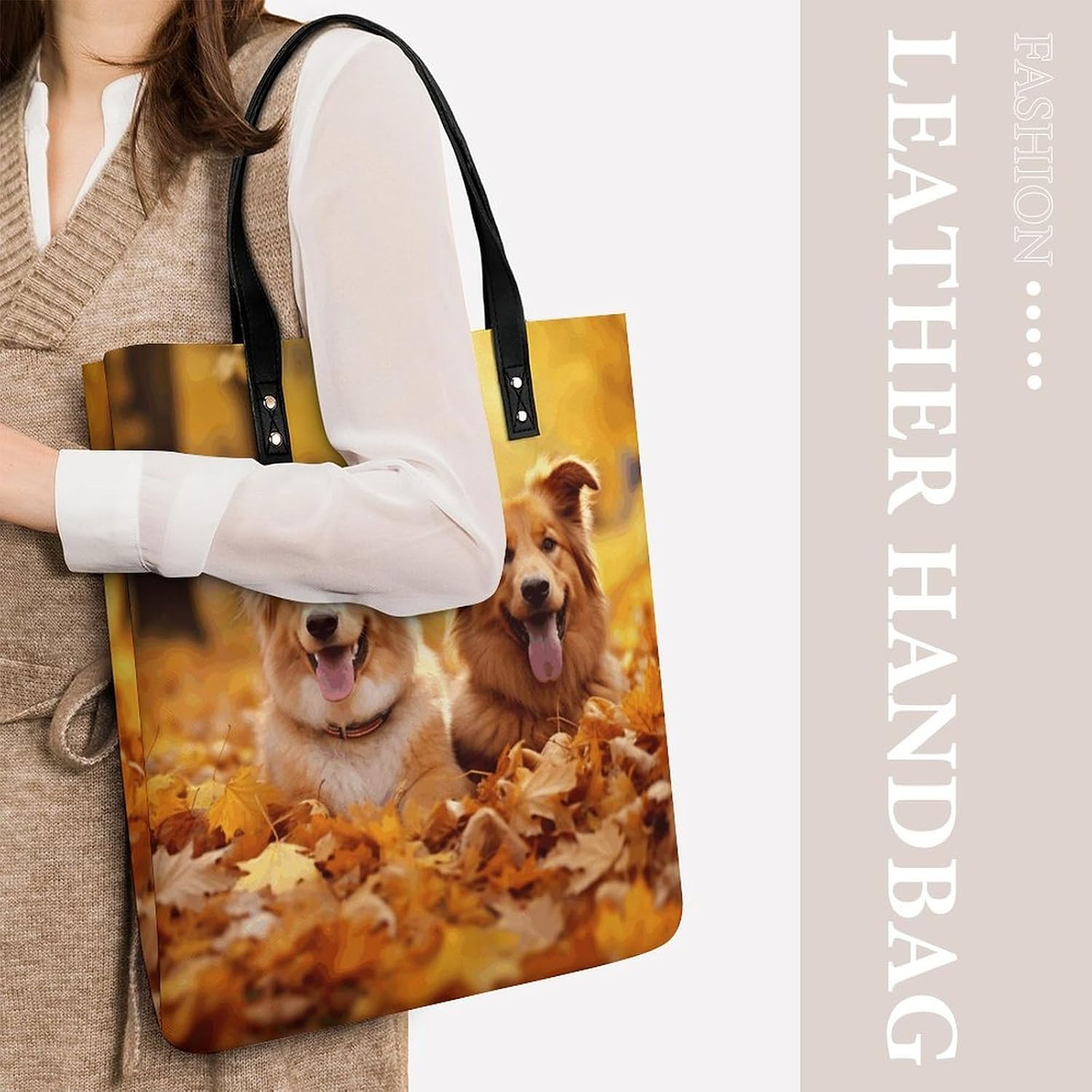 Fall Background with Dogs Tote Bag with Magnetic Buckle Reusable Grocery Bags Lightweight Cross Body Handbag for Daily Essentials