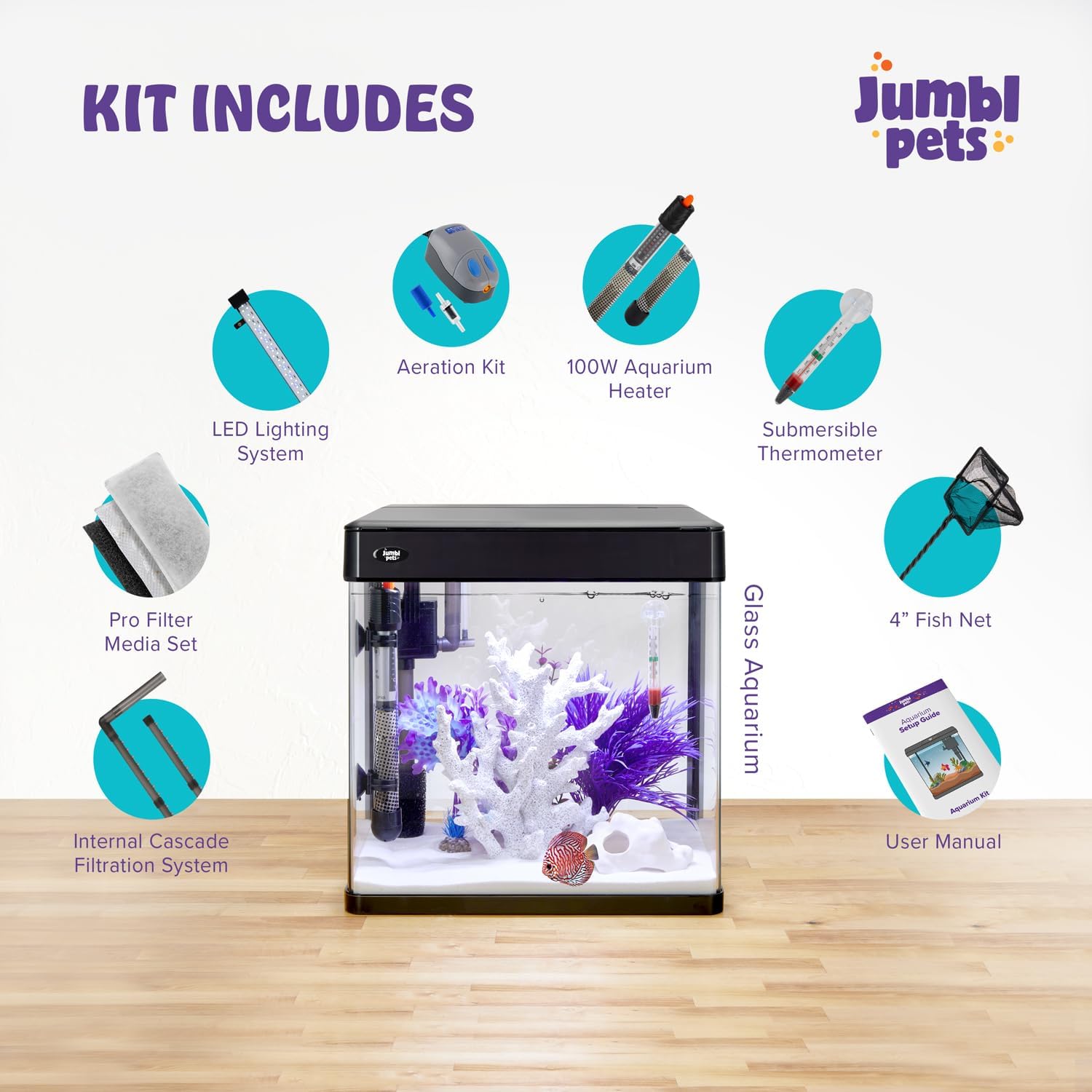 JumblPets Premium Fish Aquarium Kit, Complete Glass Fish Tanks Set with LED, Filtration System & Set, Hood & Lid, Bubbler Kit, Heater, Thermometer & Net, Ideal for Freshwater/Marine Fish, 7 Gallon