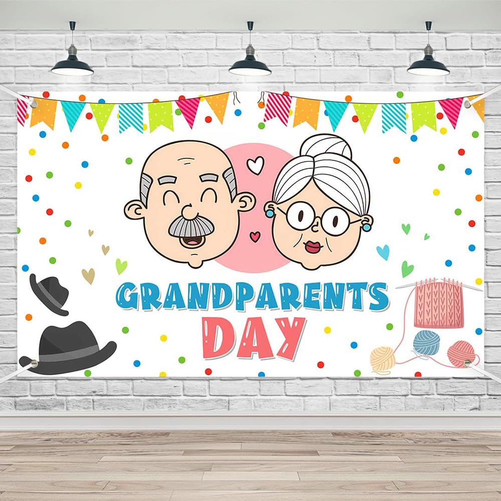 Lofaris Happy Grandparents Day Banner Best Grandpa Grandma Backdrop Family Holiday School Event Retirement Love Grandparents Party Decor 70.8x43.3