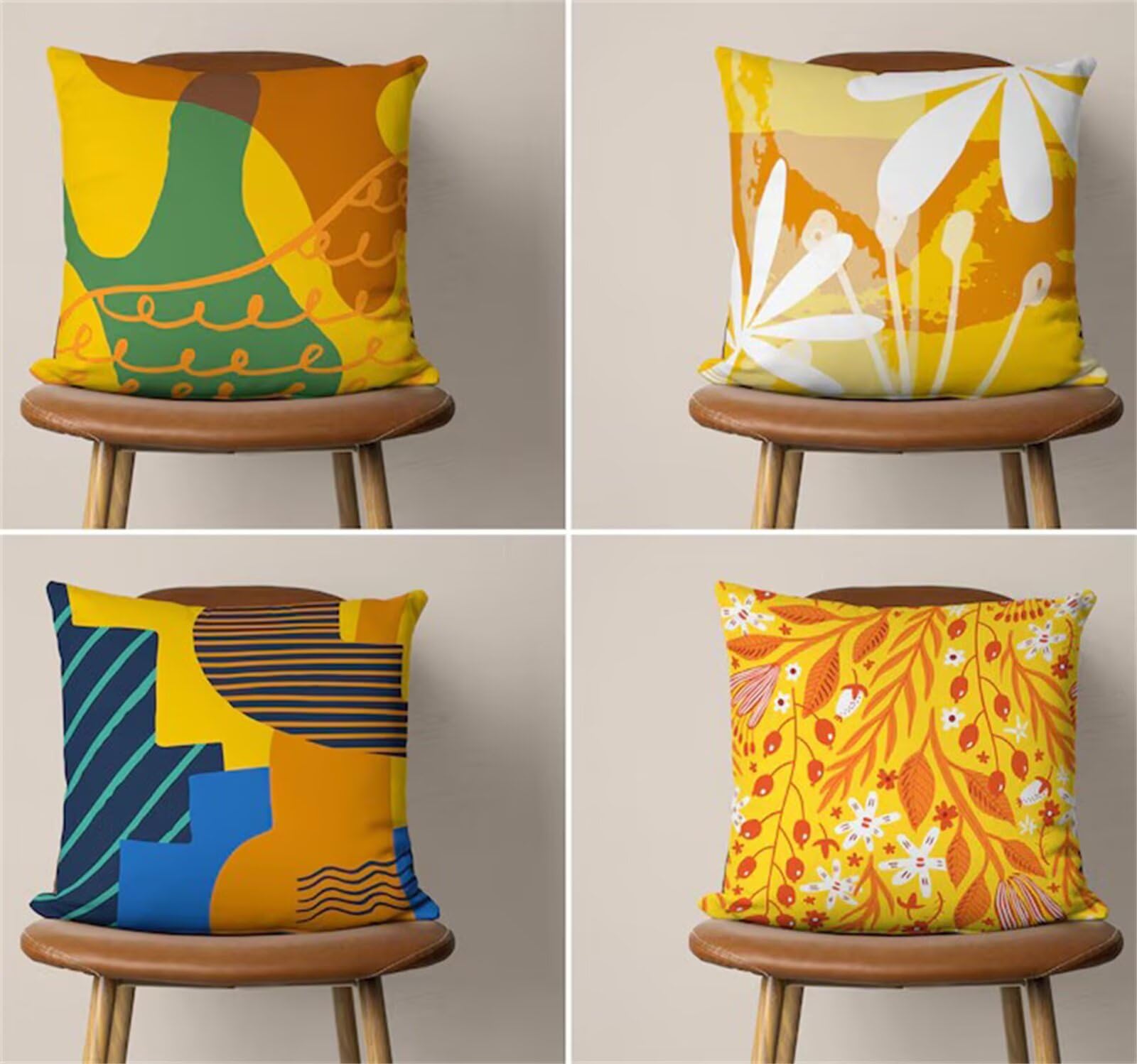 Heaen Outdoor Cushion Covers 45x45 cm Set of 4 Waterproof Linen Throw Pillowcases Yellow Leaves Stripes Square Decorative Pillow Covers for Garden Patio Furniture